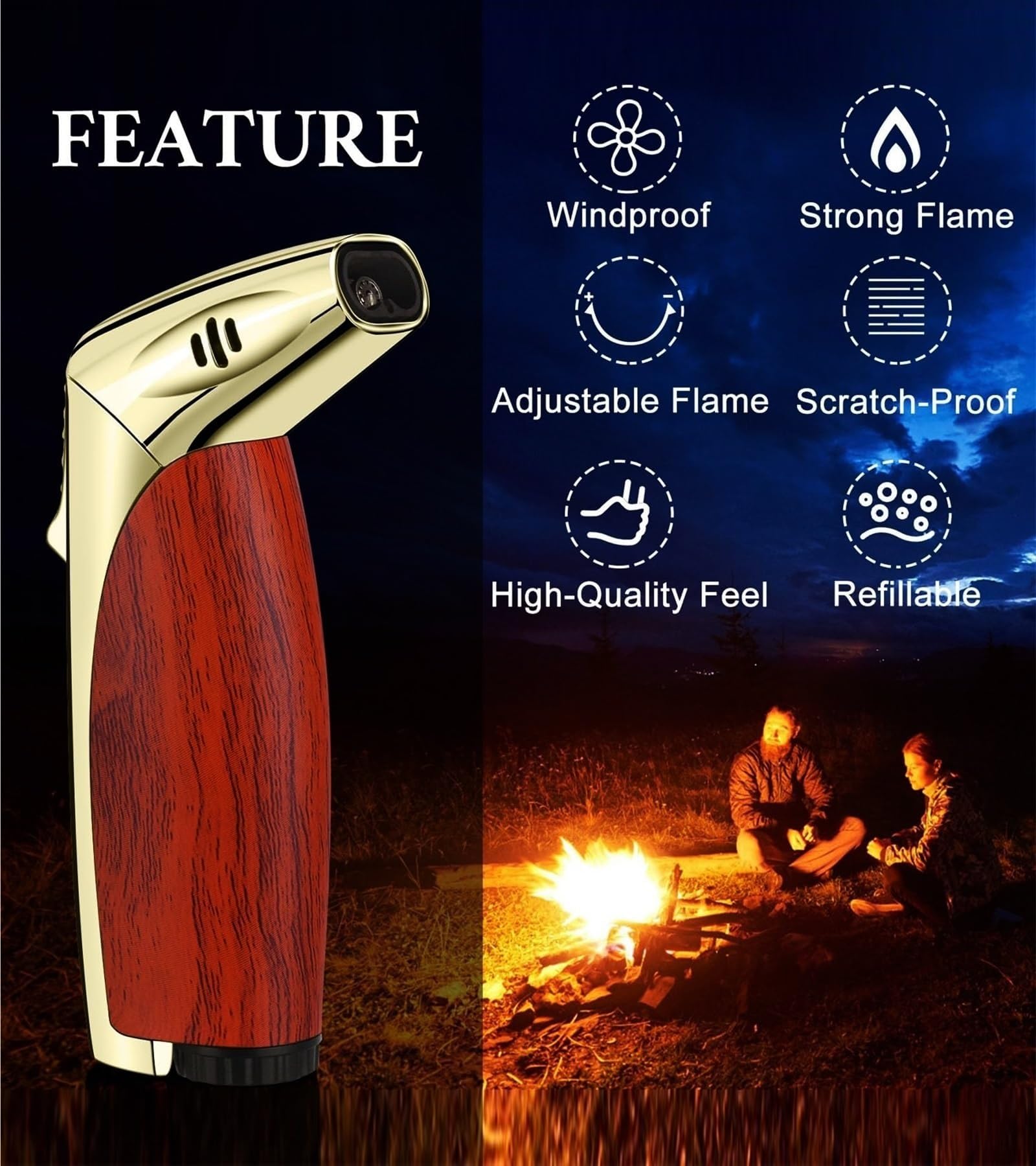 Zapalniczka butanowa Dual Jet Flame, metalowa, wiatroszczelna, regulowany płomień, wielokrotnego napełniania, idealna na kemping, zajęcia na świeżym powietrzu, prezent dla mężczyzn