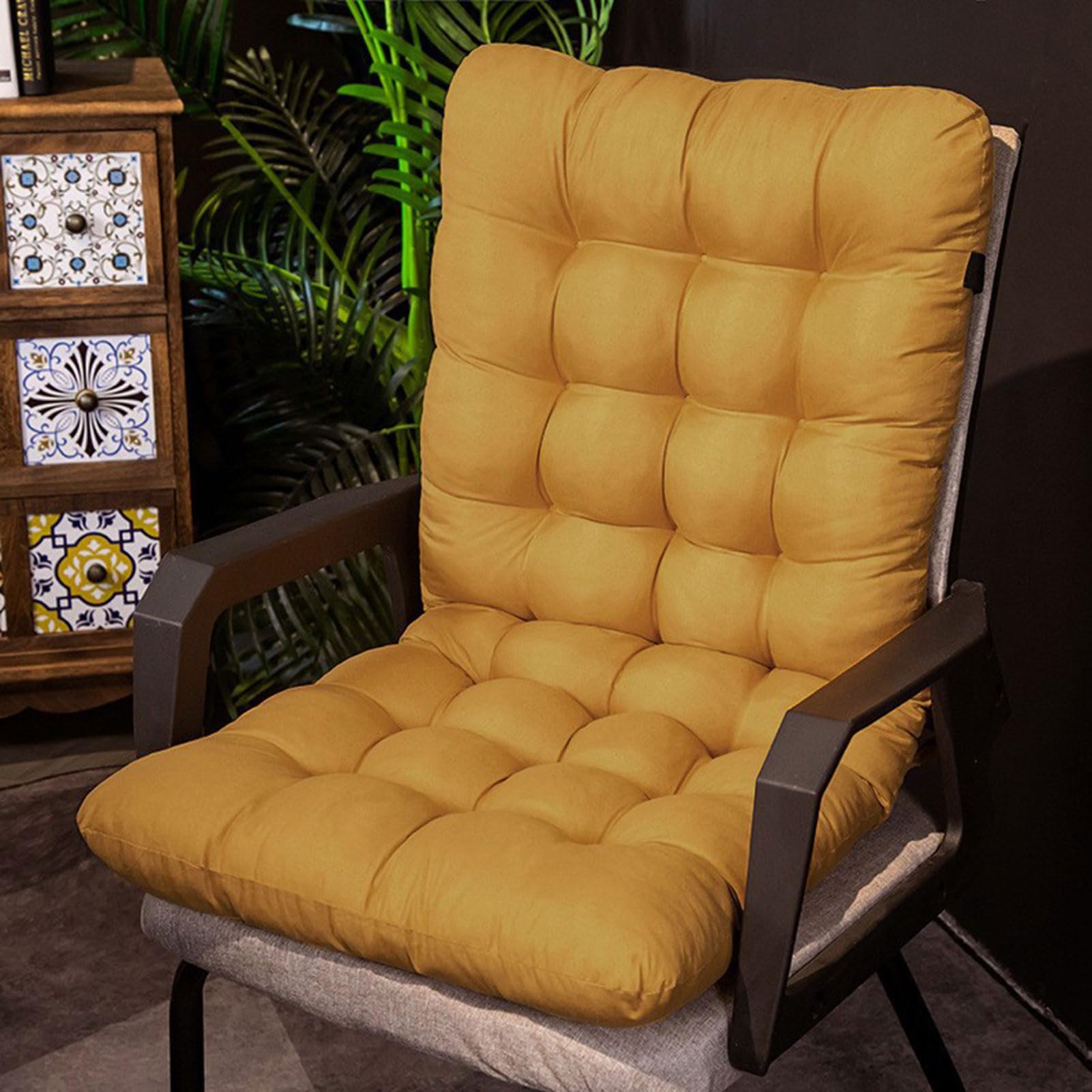 Chair Cushion with Straps and Backrest, Armchair Cushion Seat Cushion Pad, Garden Chair Cushion High Back with Soft Filling, Seat Cushion Upholstery for Garden Chair,Yellow,45 * 100cm