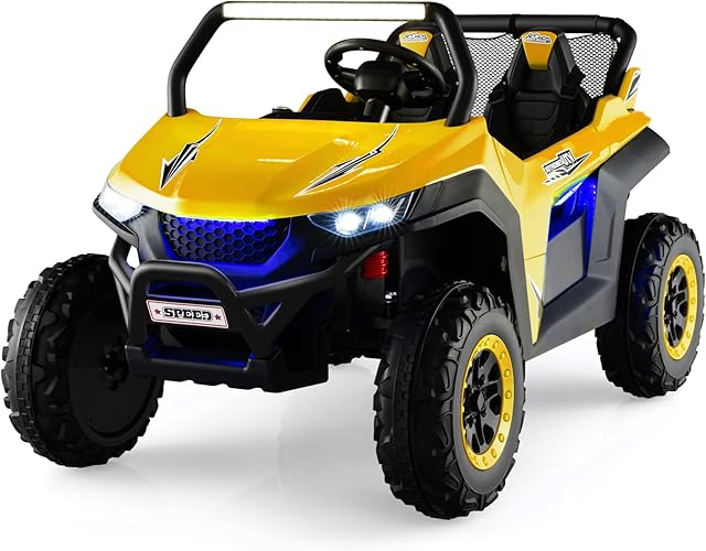COSTWAY 12V Kids Electric Ride On UTV, 2-Seater Battery Powered Truck with Remote Control, Bluetooth, LED Light, Music, MP3/USB/FM, 4 Spring Suspension Wheels Vehicle Toy for Children (Yellow)