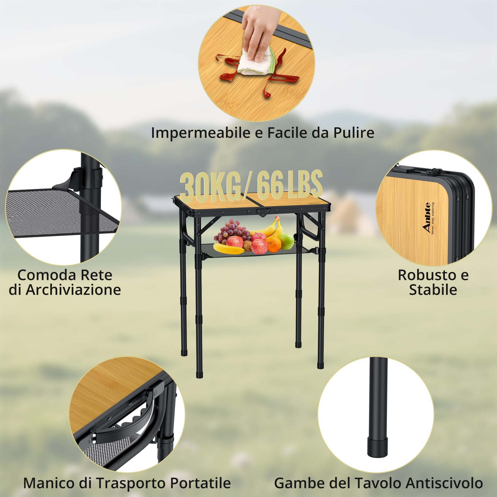 Anbte Tavolo Pieghevole da Campeggio Giardino,3 Regolabile In Altezza Portatile Tavolino da Caffè-58 * 40cm Effetto Legno Tavoli per Picnic/Spiaggia/Camera/Lavoro/Truccarsi