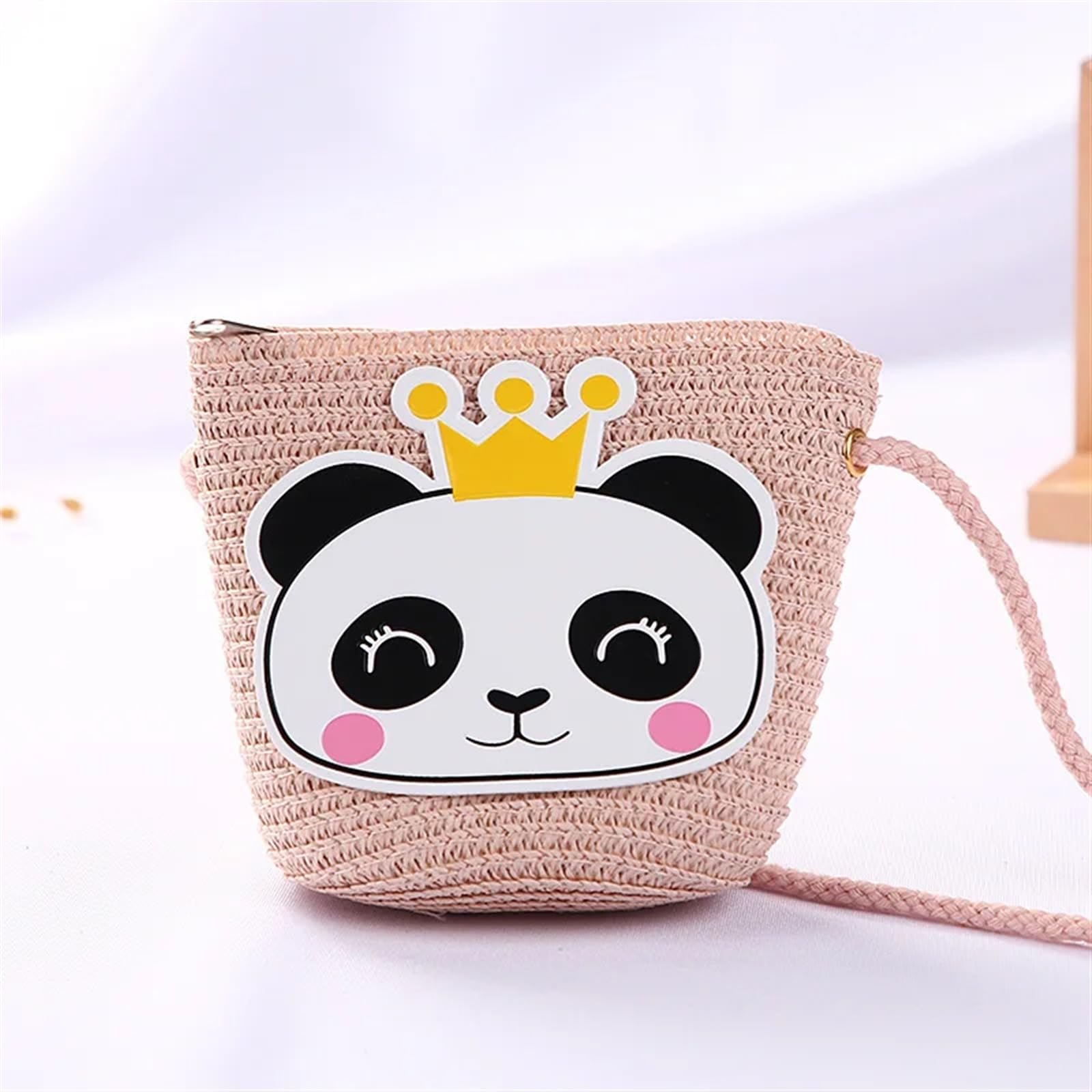 DVMSIEF Straw Bag Cute Children Straw Shoulder Bags Flower Baby Girls Small Bucket Crossbody Bag Boys Kids Mini Coin Purse Beach Handbags(Panda pink)