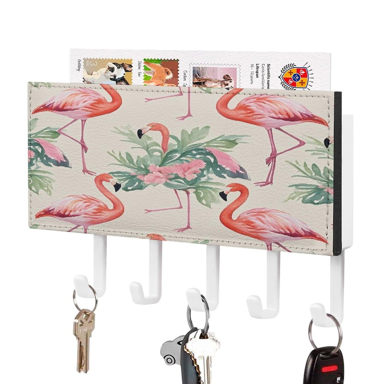 FekiLoot Watercolor Flamingo Key Holder Wall Mount Key and Mail Holder Key Hanger with 5 Hooks Decorative PU Key Rack Hanging Key Hooks for Wall Living Room Kitchen Bathroom Hallway White-Style
