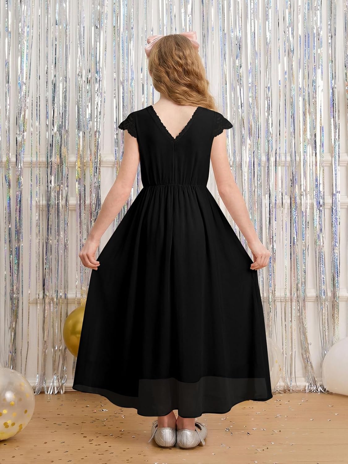 Haloumoning Flower Girl Chiffon Maxi Dress Kids A-Line Lace Sleeve Junior Bridesmaid Wedding Party Dress 5-14Y