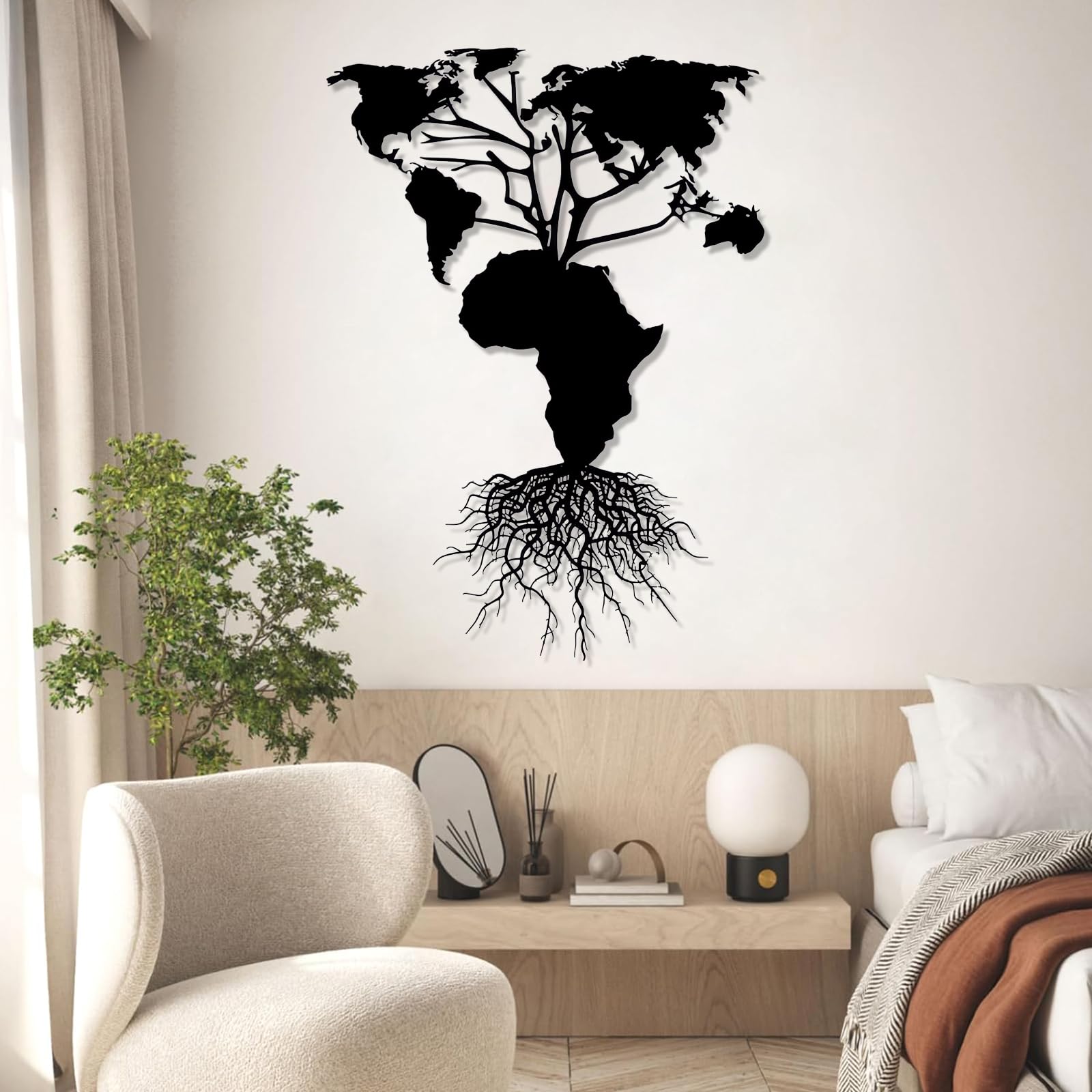 Eliauk Africa Map & Tree of Life Metal Wall Art, Modern Black Tree Wall Decor, 30"x41"|75x105cm, Housewarming Gift