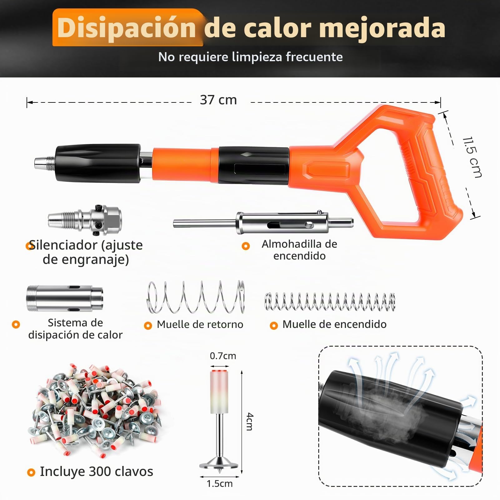 Pistola de clavos manual XIHUANNI con 300 clavos redondos, ajustable de 5 velocidades, para acero y hormigón, portátil y silenciosa, equipo de protección incluido (negro y naranja)