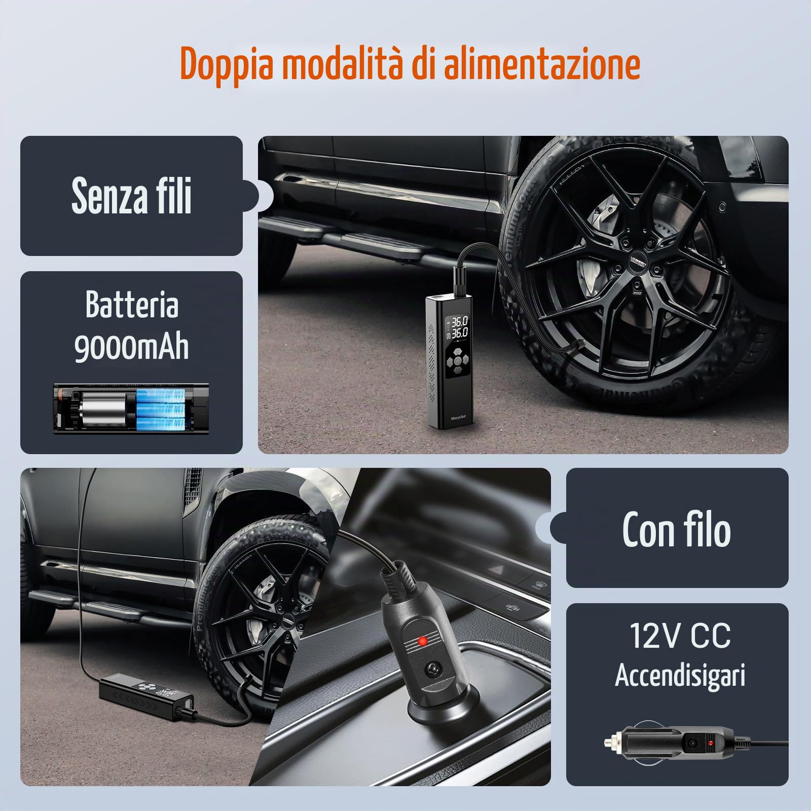 Compressore Aria Portatile da 9000mAh, Morpilot 150PSI Gonfiatore con Batteria Ricaricabile, Doppio Schermo LCD Digitale, 4 Ugelli, Pompa Elettrica per Bicicletta, Auto, Moto, Palloni
