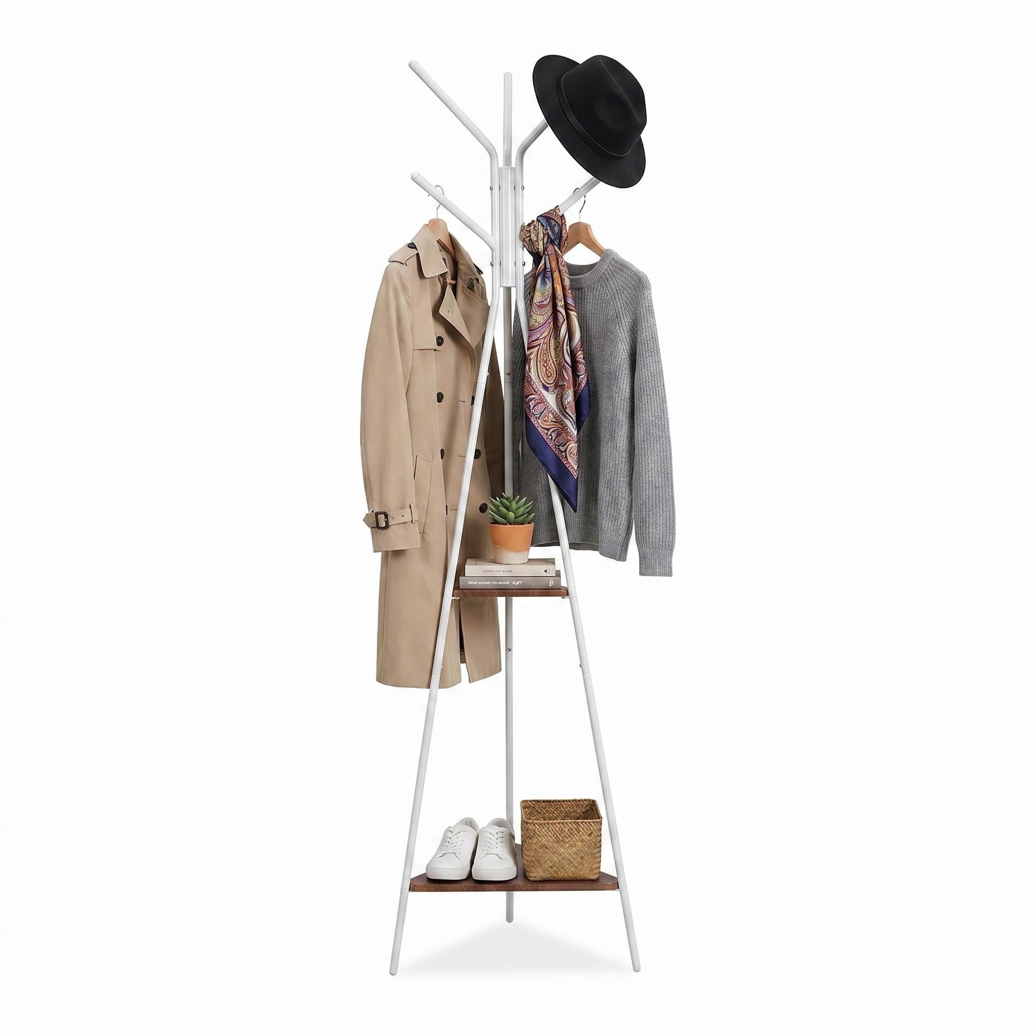 Panana Freestanding Coat Rack Stand, 179.5cm Tall Metal Coat Hanger with 2 Wooden Storage Shelves, 6 Hooks Garment Rack for Hallway Bedroom Entryway (White)