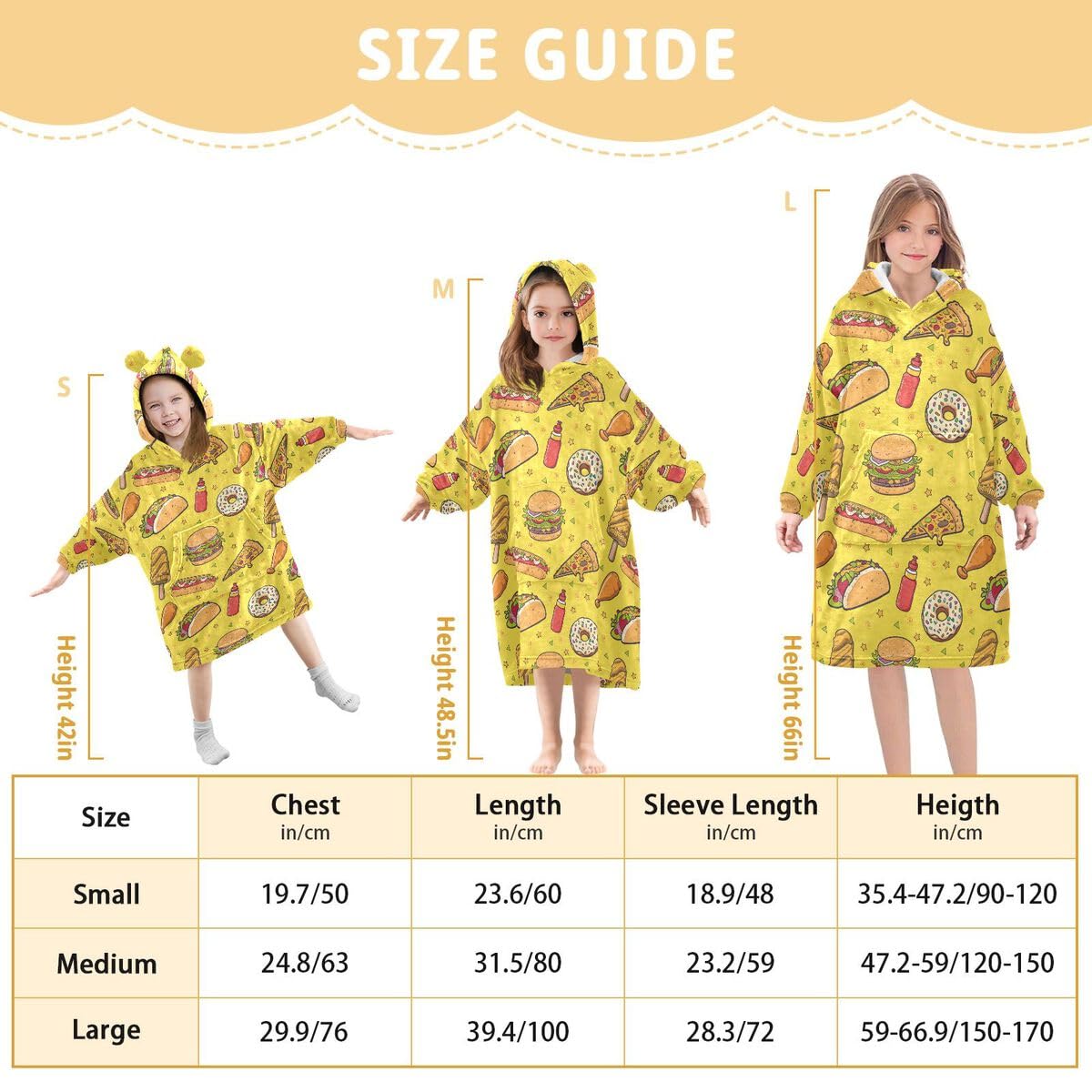 Fast Food Donut dziecięcy koc do noszenia z kapturem oversize bluza koc sweter żółty dla chłopców i dziewcząt w wieku 3-14 lat