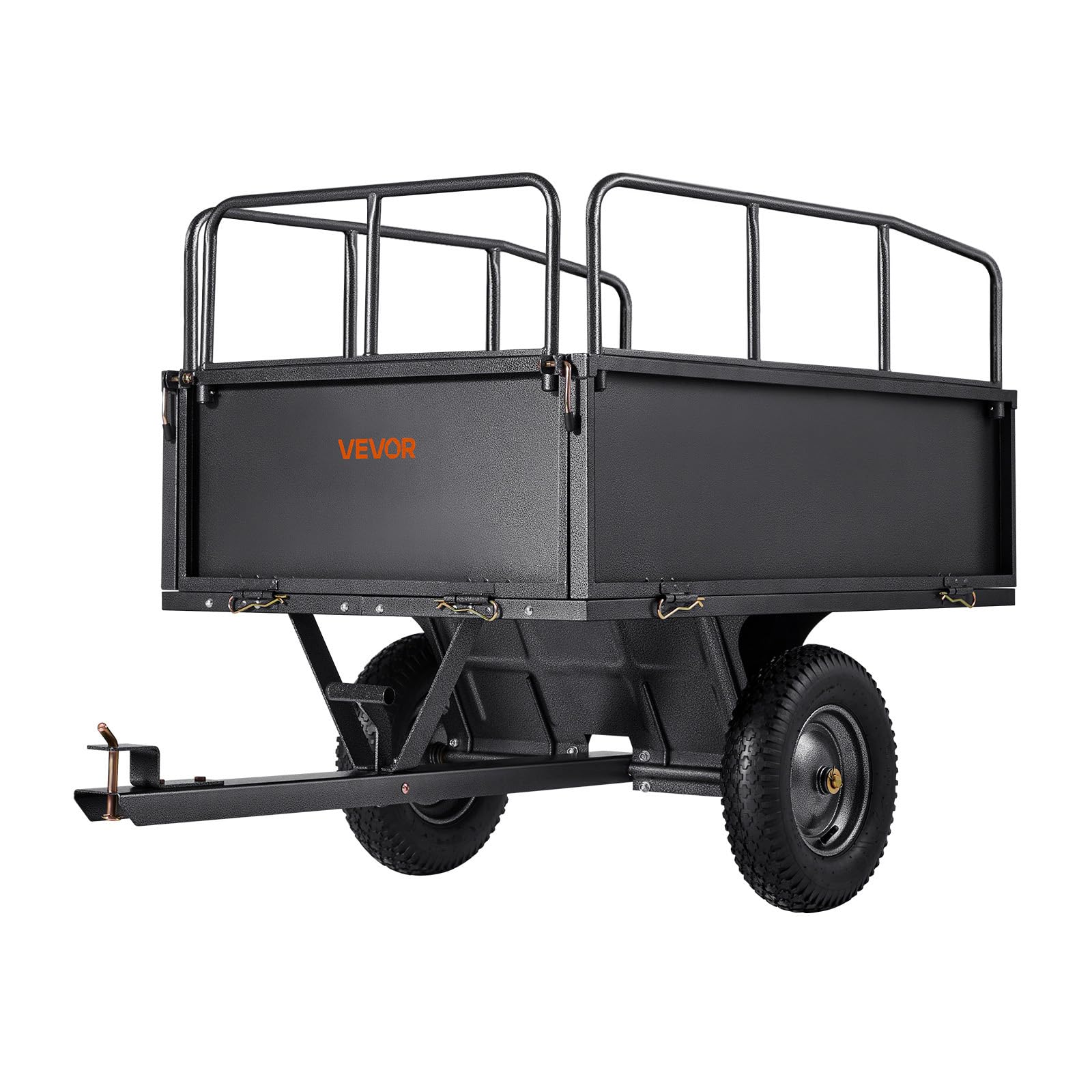 VEVOR Przyczepa ogrodowa, pojemność 17 Cu i 272 kg, przyczepa ciągnąca ATV UTV, wózek holowniczy za stalowym wózkiem wywrotkowym z oponami 40 cm, ręcznym pociągnięciem lub pedałem nożnym, wytrzymałe