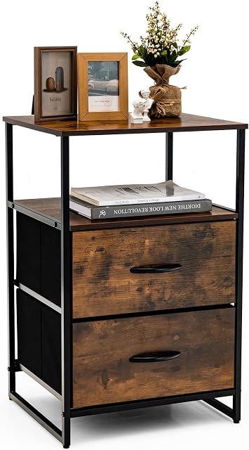 Multigot Chest of Drawers, Fabric 2/3-Drawer Storage Cabinet with Steel Frame, Wooden Industrial Dresser Organiser for Bedroom Livingroom Hallway (2 drawers+2 Shelves-45 x 40 x 70cm, Rustic Brown)