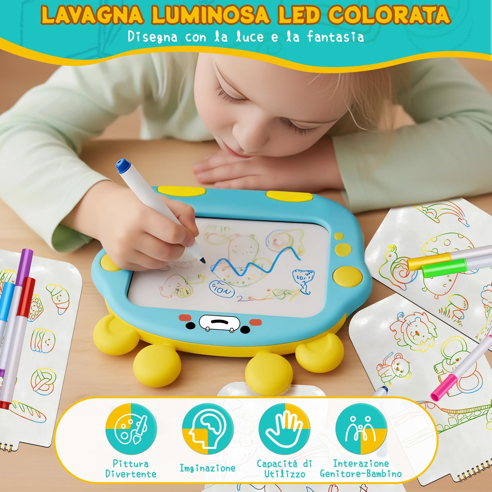 LumenVela Lavagna Led per Disegnare Bambini, Lavagna Luminosa per Disegnare con 8 Penne Colorate e 8 Modalità di Illuminazione, Lavagnetta Cancellabile Bambini per 3-8 Anni Ragazzi Ragazze
