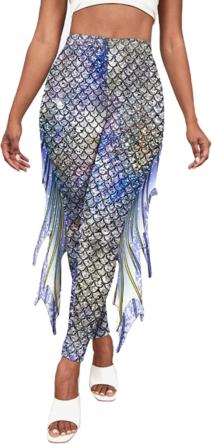 Hansber Women's Halloween Costume 3D Print Mermaid Leggings Fish Scale Compression Pants Cosplay Trousers Clubwear