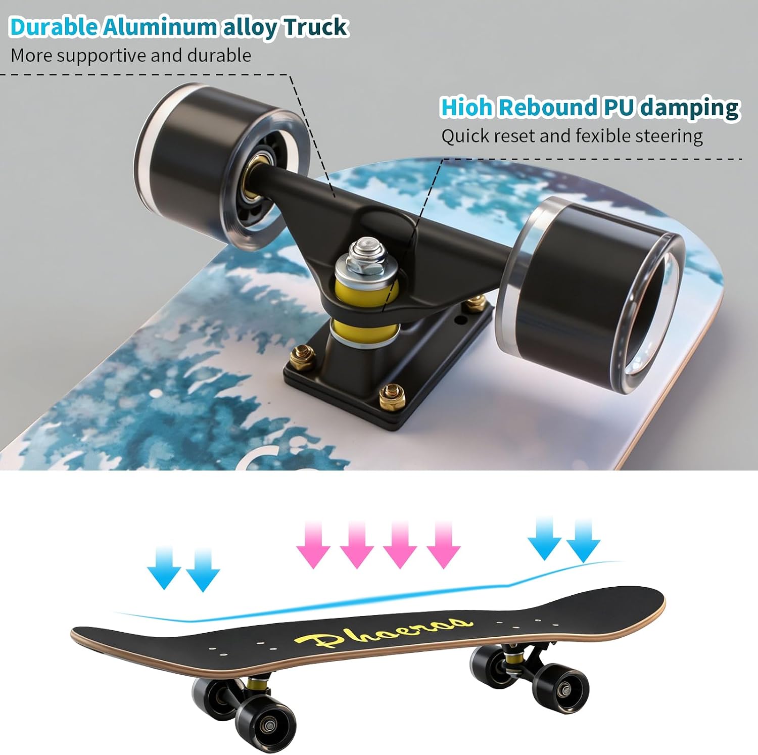 PHOEROS Complete Skateboards- Standard Skateboards for Beginners Kids Boys Girls Teenager- 31''x 10''Canadian Maple Cruiser Pro Skate Board, Skateboards