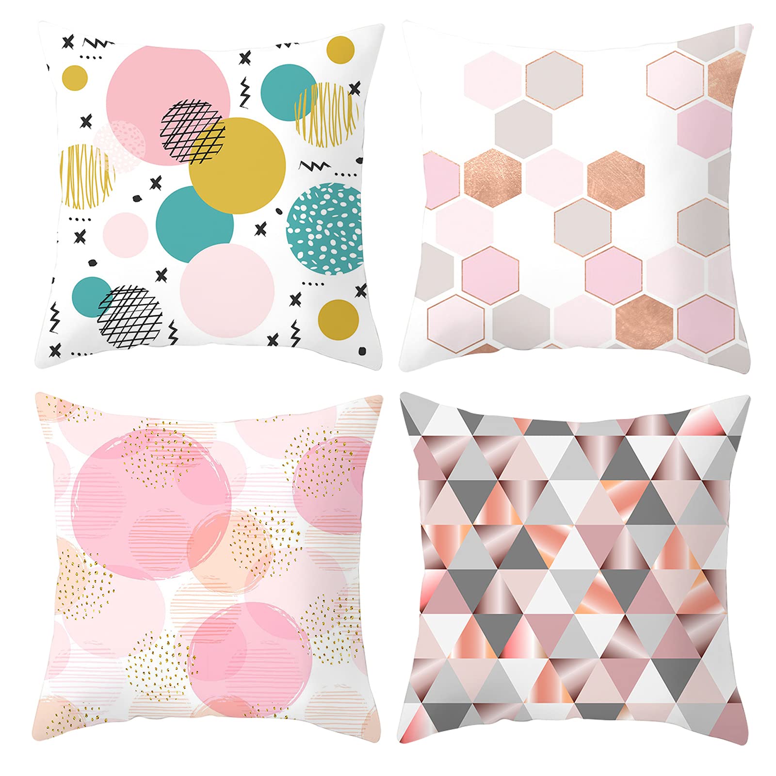 HOSTECCO Pink Throw Pillow Covers Pack of 4 Geometric Square Pillow Cases Sofa Couch Decorative Cushion Covers 45x45 cm