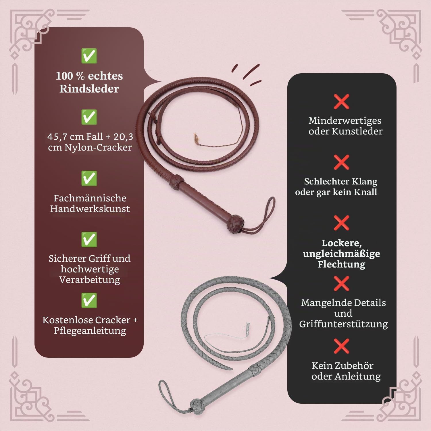 Echte Rindsleder Leder Bullwhip, 08 Fuß lang und 08 Stränge flechten Indiana Jones Stil Bullenpeitsche, Dunkelbraun