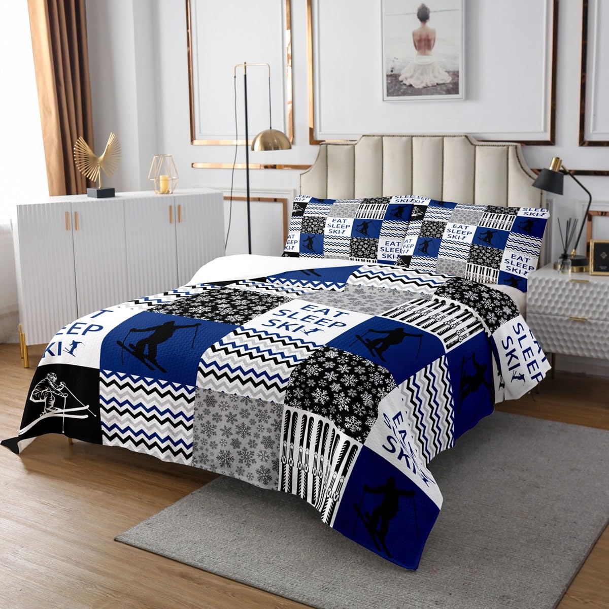 Ski Bedspread Twin Size,Winter Skiing Sport Skier Bedding Set 2Pcs for Kids Boys Girls Room Decor,Geometry Striped Grid Patchwork Comforter Set Grey White Dark Blue Quilt Coverlet,1 Pillowcase