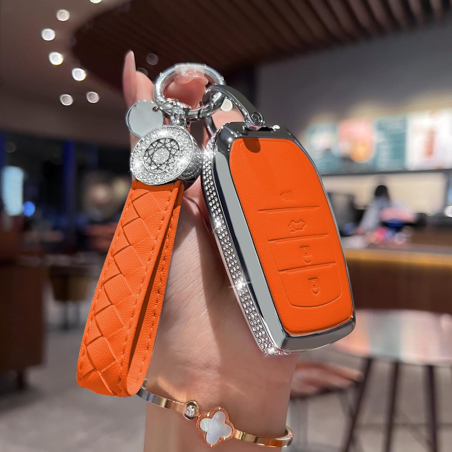 for Toyota Key Fob Cover with Keychain, Orange Leather Rhinestone Key Case Protection Shell Compatible with Avalon Camry Corolla RAV4 Sequoia Highlander Bling Car Accessories - Image 2