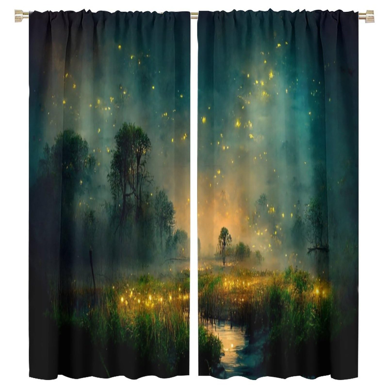 Firefly Blackout Window Curtain,Fantasy Marsh Landscape with Mystical Firefly Lighting for Children Room Bedroom Curtains Drapes 2 Panels 63x72in, Style-4