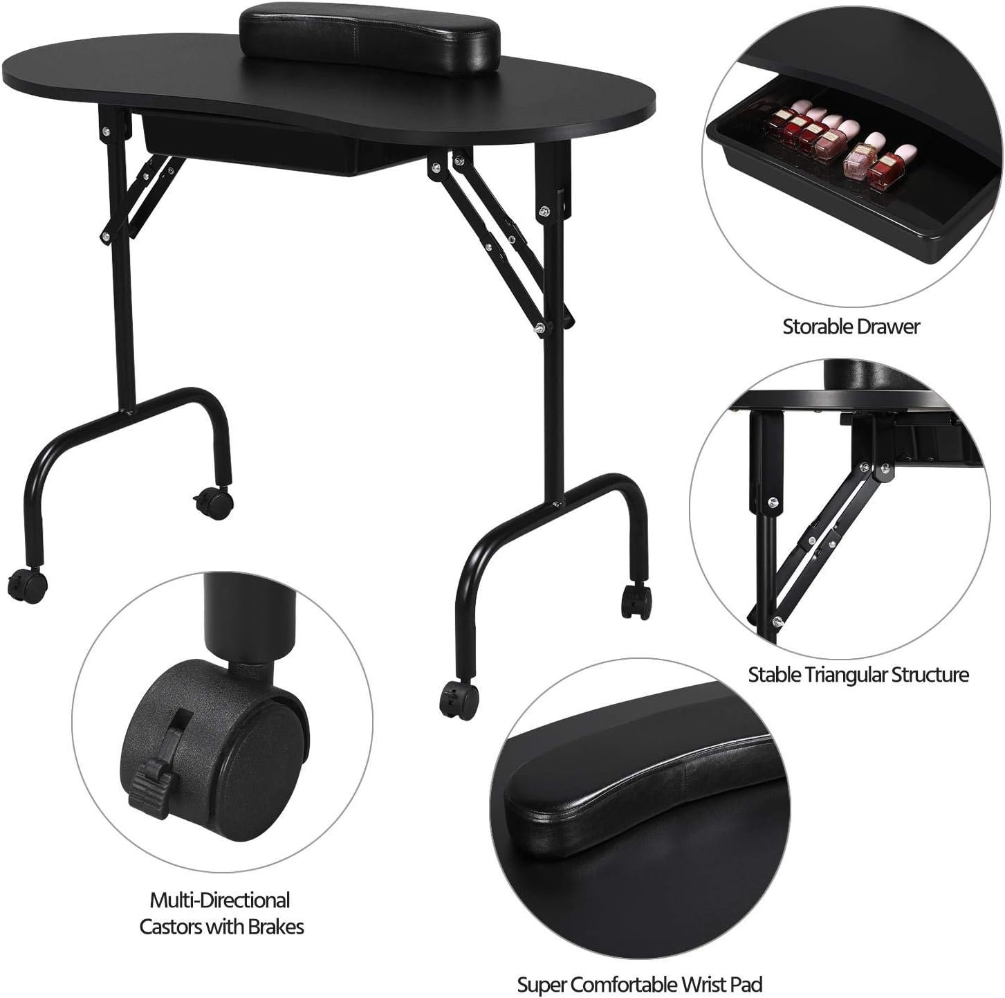 Yaheetech Folding Manicure Table & Salon Stool, Nail Beautician Desk Workstation w/Bag and Adjustable Rolling Swivel Chair Black