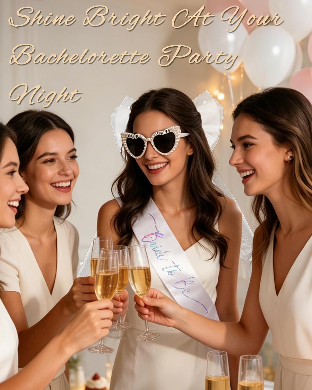 Bachelorette Party Accessories: Bride to Be Sash, Veil & Heart Sunglasses | 3Pcs Bridal Shower Gifts for Women, Complete Bachelorette Party Favors & Bridal Party Decorations
