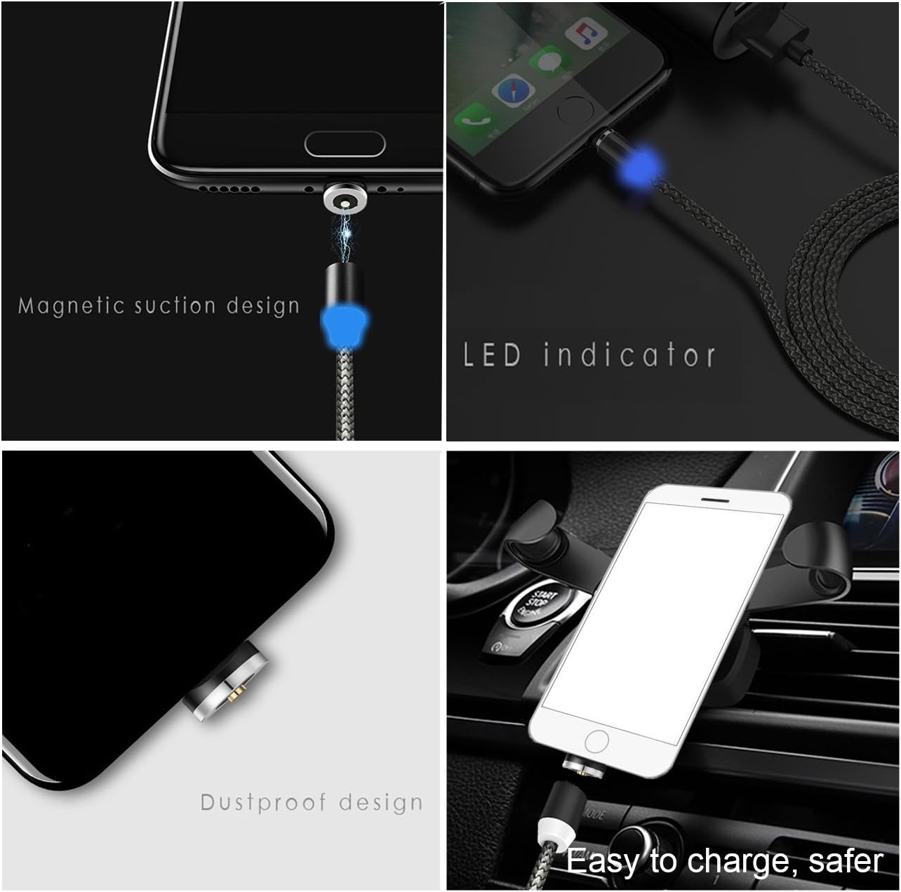 Magnetic USB Charging Cable Micro USB Type C IProduct with LED, Multi 3-in-1 Cable Charger for Android Phone,Multiple Charging Adapters.Fast Charge Kyerivs (1-Black, 2M/6.6ft)