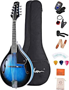 ADM Acoustic Mandolin Instrument Kit Music A Style for Kids Students Adults Wood Mandolins Beginner Set With Bag, Tuner, Pick-up, Strap, Strings, Picks and Hanger, Blue