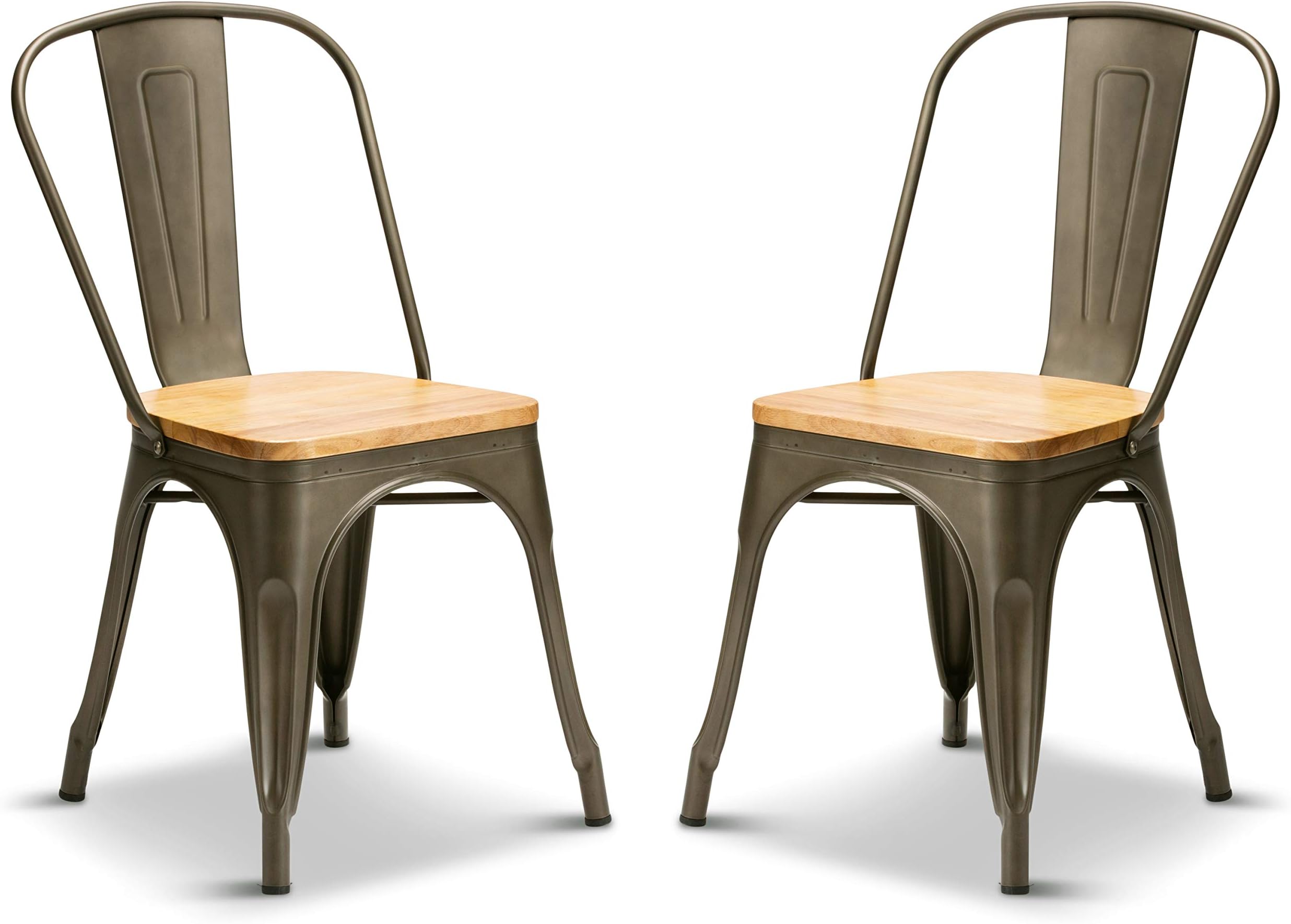 Your Price Furniture.com Set of 2 Metal Industrial Dining Chairs Retro Style Stacking Kitchen Vintage Seat For Home, Bistros and Cafes (Gun Metal Oak Seat)