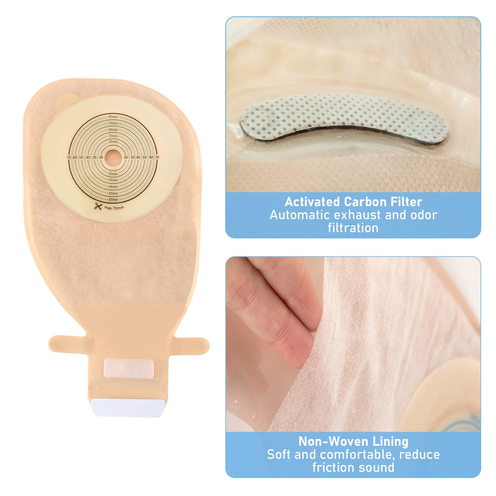 20 Stück Kolostomiebeutel für Stomas, Kolostomiebeutel, einteilig, mit Haken- und Schlaufenverschluss, für Stoma-Pflege Ileostomie, zugeschnitten auf Größe (15 – 70 mm)
