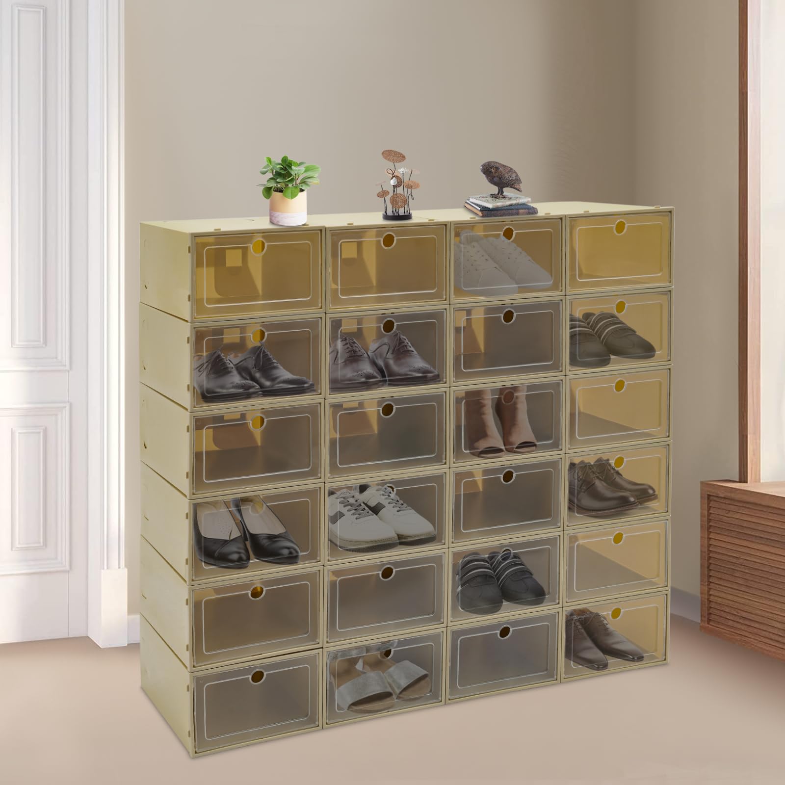 24 scatole per scarpe, impilabili, trasparenti, con coperchio, per soggiorno, camera da letto, vestiti, libri, CD, cinture, 33 x 23 x 14 cm (verde avocado)