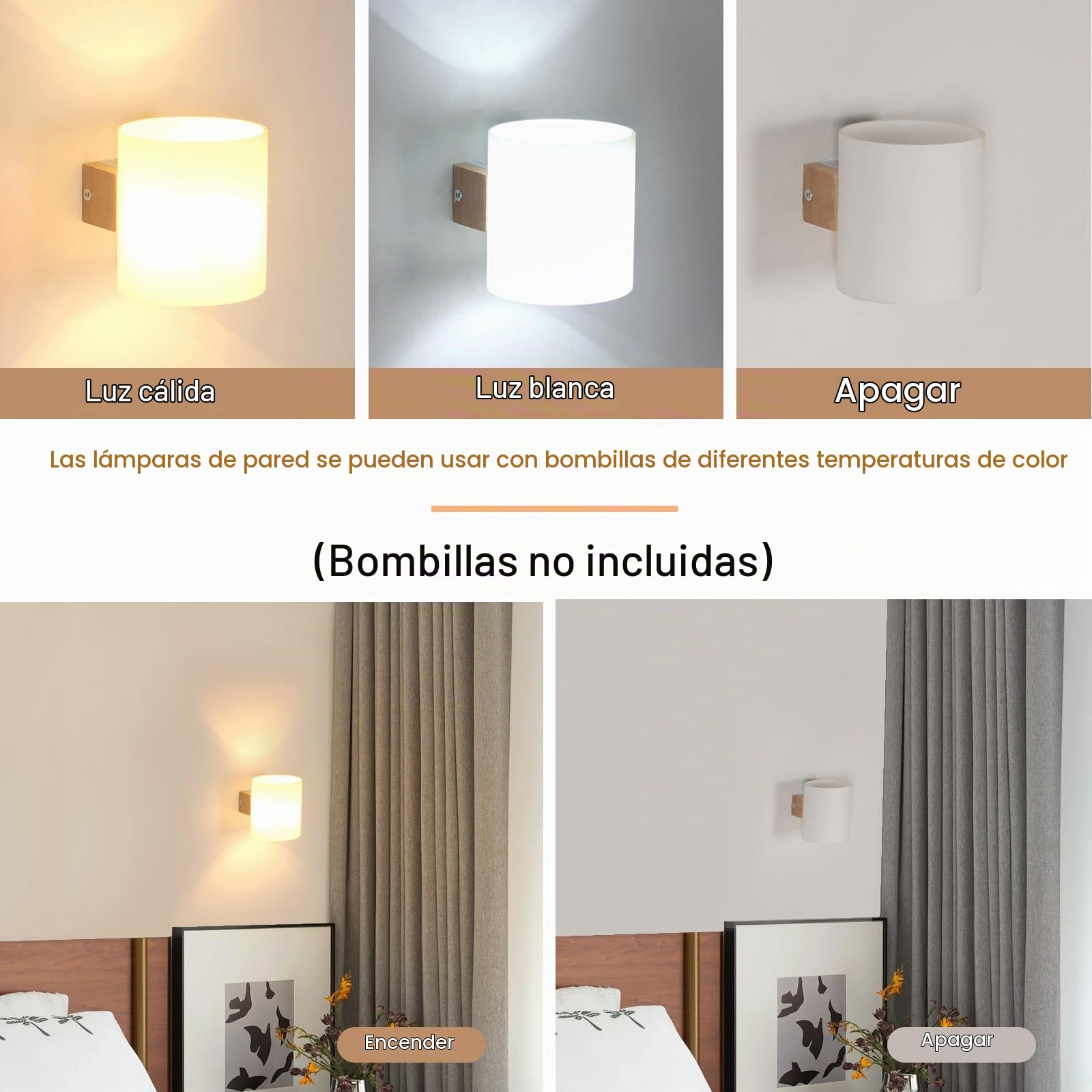 2 Piezas Aplique de Pared Interior Madera, E27 Lámpara de Pared | Lámpara de Pared E27 Pantalla de Vidrio, Madera Luz de Pared para Dormitorio Pasillo Sala de Estar (Bombillas no Incluidas)