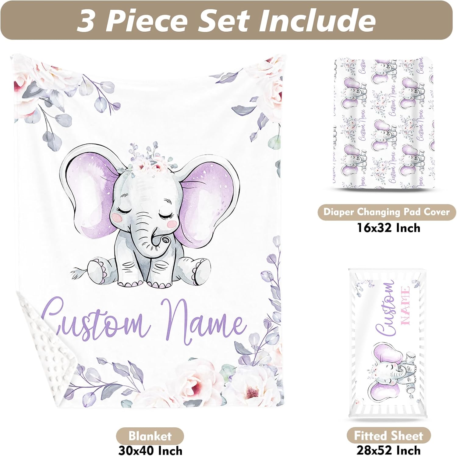 Custom Name Crib Bedding Set 3-Piece – Light Purple Elephant Design Baby Bedding Set with Personalized Soft Blanket, Fitted Sheet, Changing Pad Cover – Ideal Newborn Gift for Boys and Girls