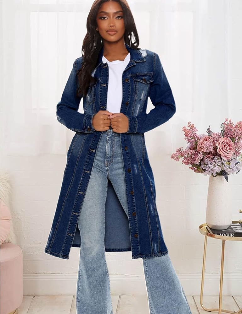 Perbai Women's Long Denim Jacket Ripped Distressed Maxi Jean