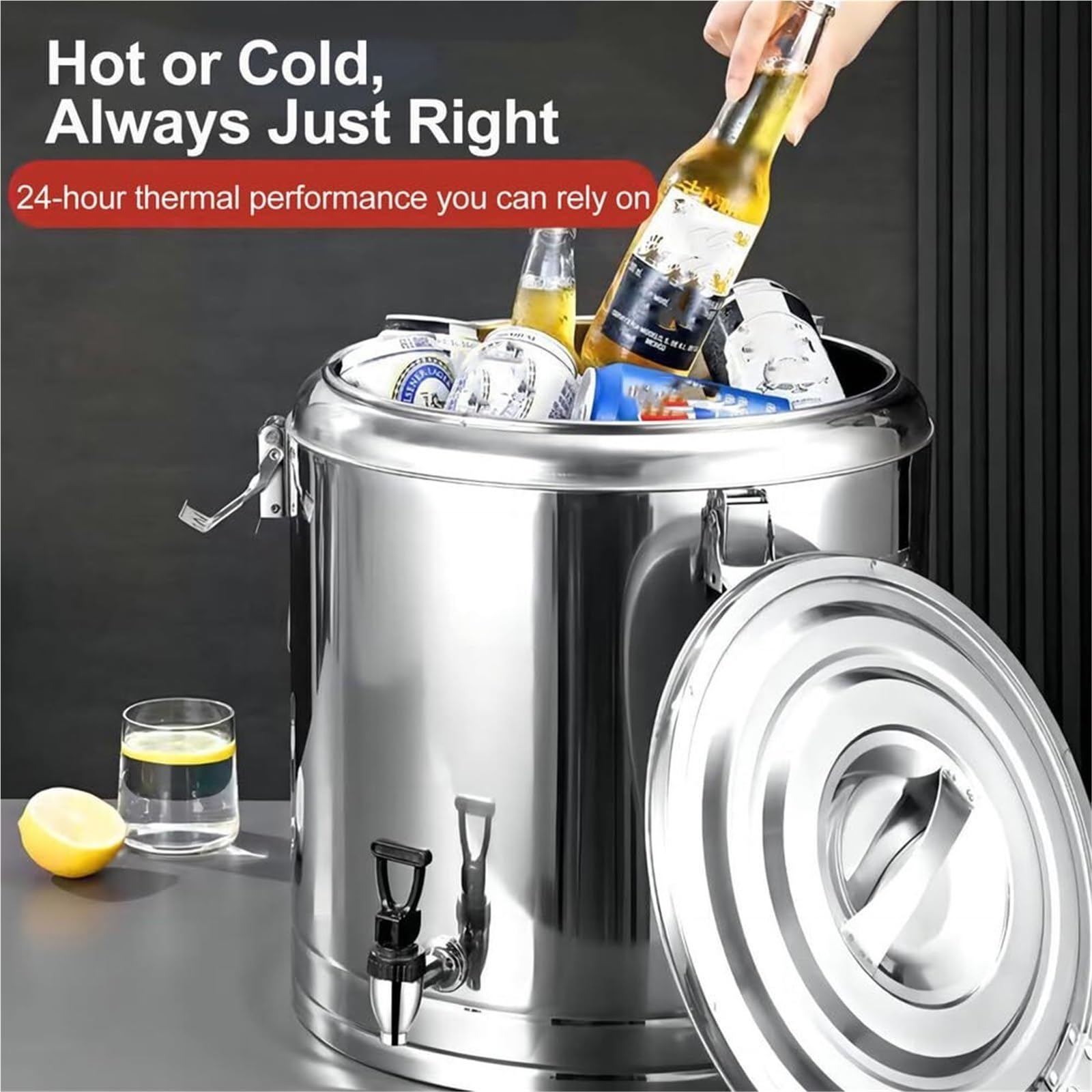 Dispensador térmico de bebidas de acero inoxidable 304 aislado con grifo para agua fría y caliente, ideal para catering, café, té, sopa, capacidad de 30 litros