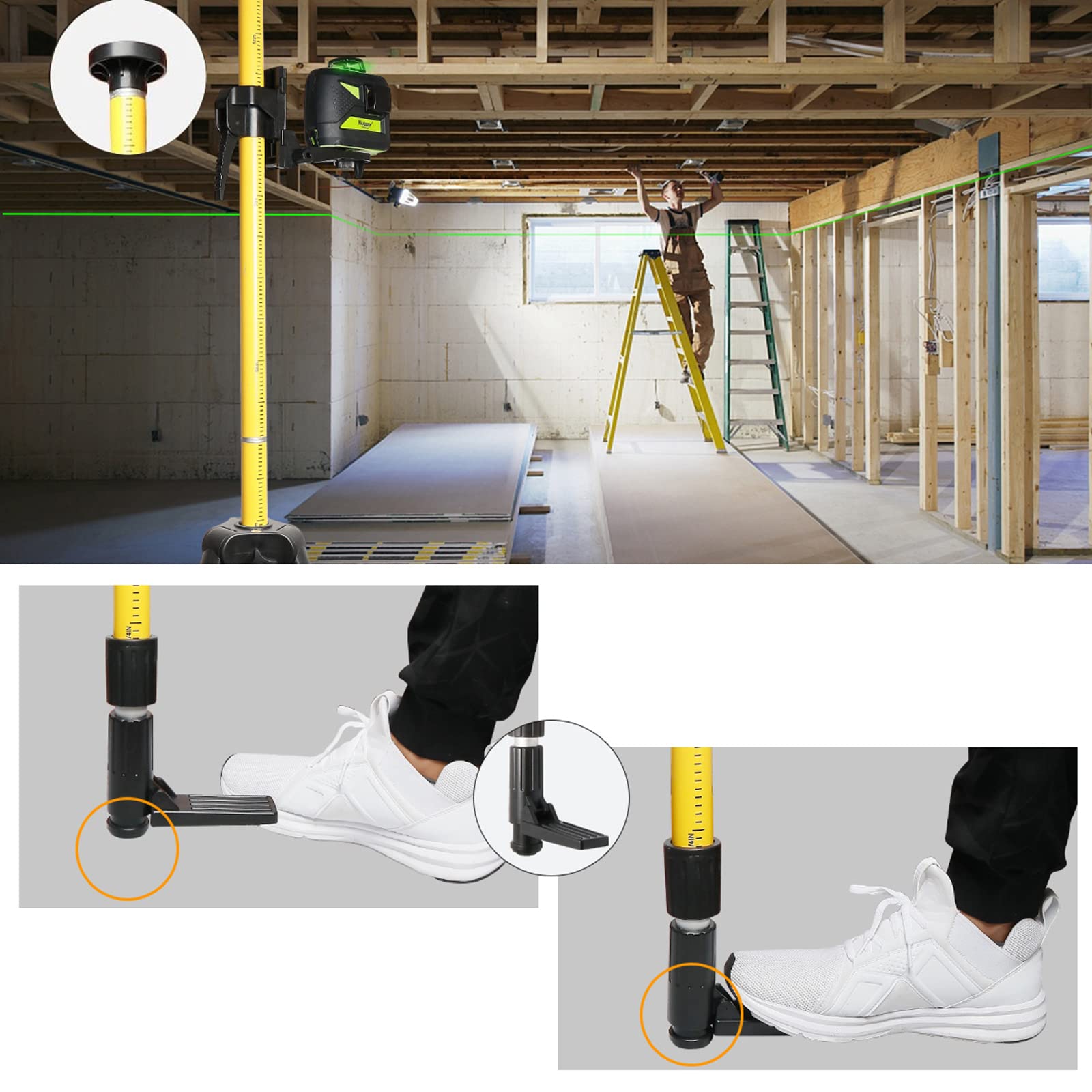Poste de Nivel láser Profesional, Poste láser telescópico Ajustable con trípode y Soporte láser de 1/4 Pulgadas por 20 Pulgadas para láseres rotativos y de línea, para láser rotativo y láser