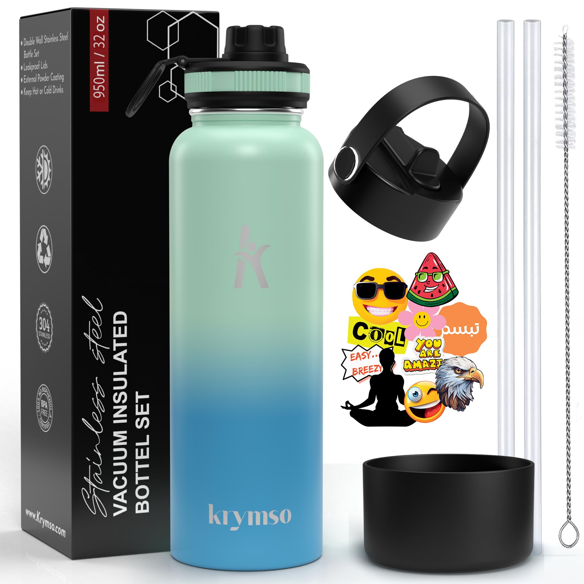 KRYMSO, 950ml Stainless Steel Water Bottle, Sports bottle with Straw, Insulated Water Bottle, Thermos Flask, Hot Water bottle for kids, Gym (Aqua Sky, 950ml / 32oz)
