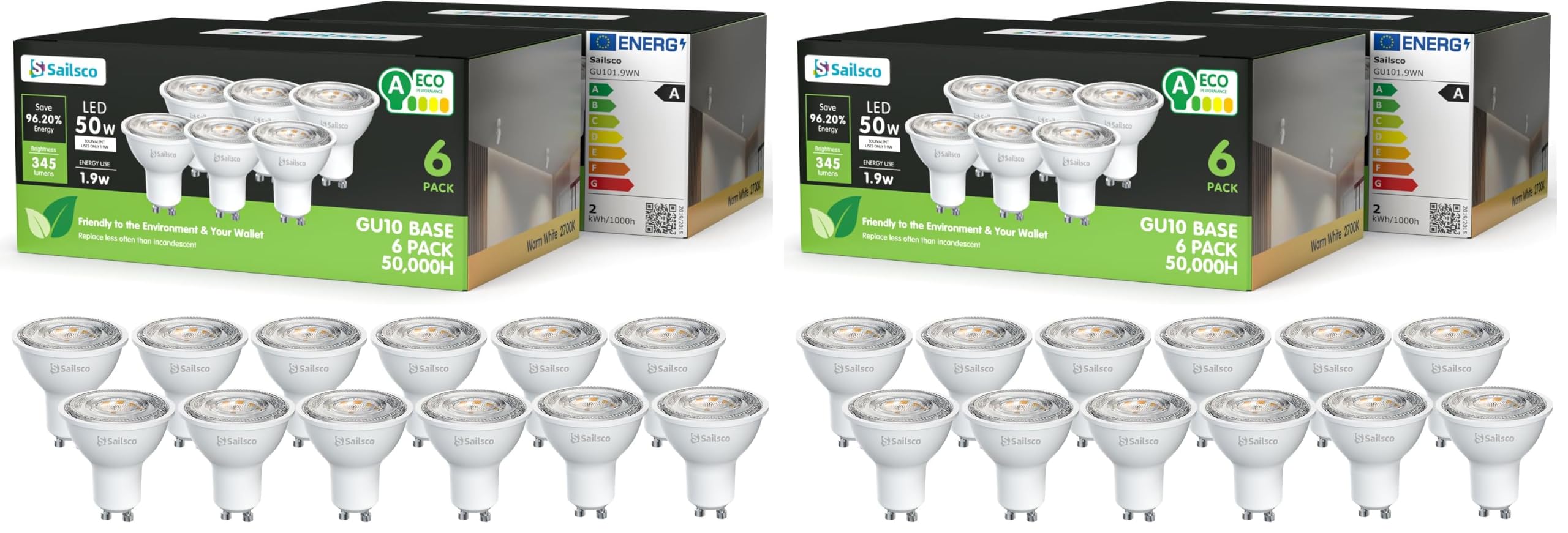 Classe A Ampoule GU10 LED Blanc Chaud Spot,1.9W équivalent 50W,345LM 2700K Ampoule LED GU10 Blanc Chaud,36° Angle Du Faisceau,Non-Dimmable,Lot de 24