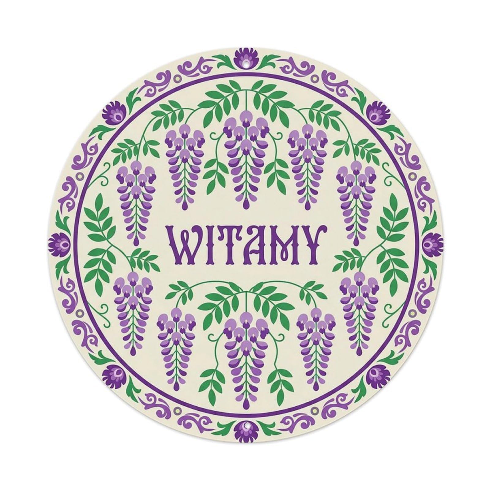 Vintage Polish Folk Art Witamy Welcome Wisteria Purple Metal Tin Sign