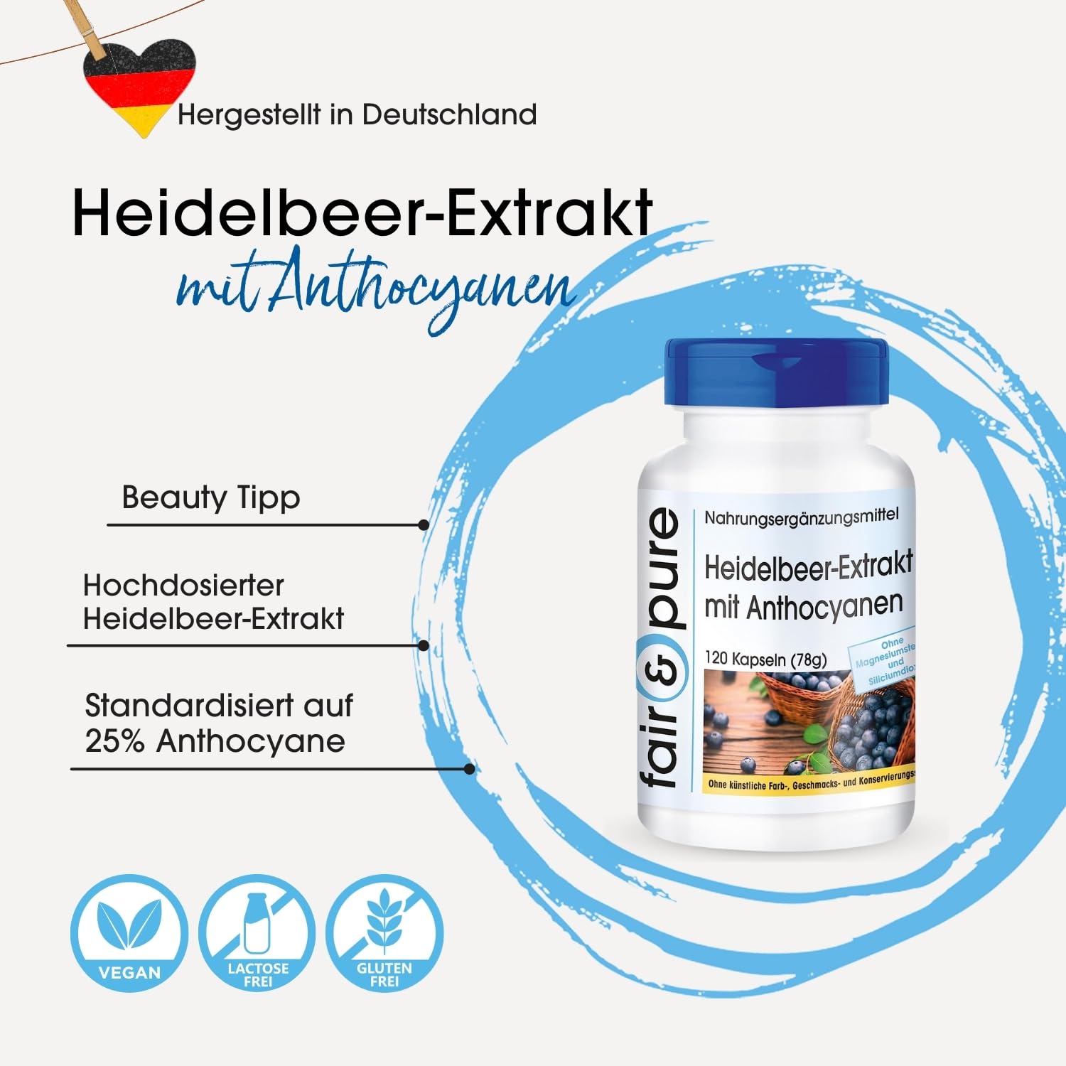 Fair & Pure Heidelbeer-Extrakt 500mg mit Anthocyanen, 120 Kapseln, Nahrungsergänzungsmittel vegan ohne Magnesiumstearat, in Deutschland hergestellt