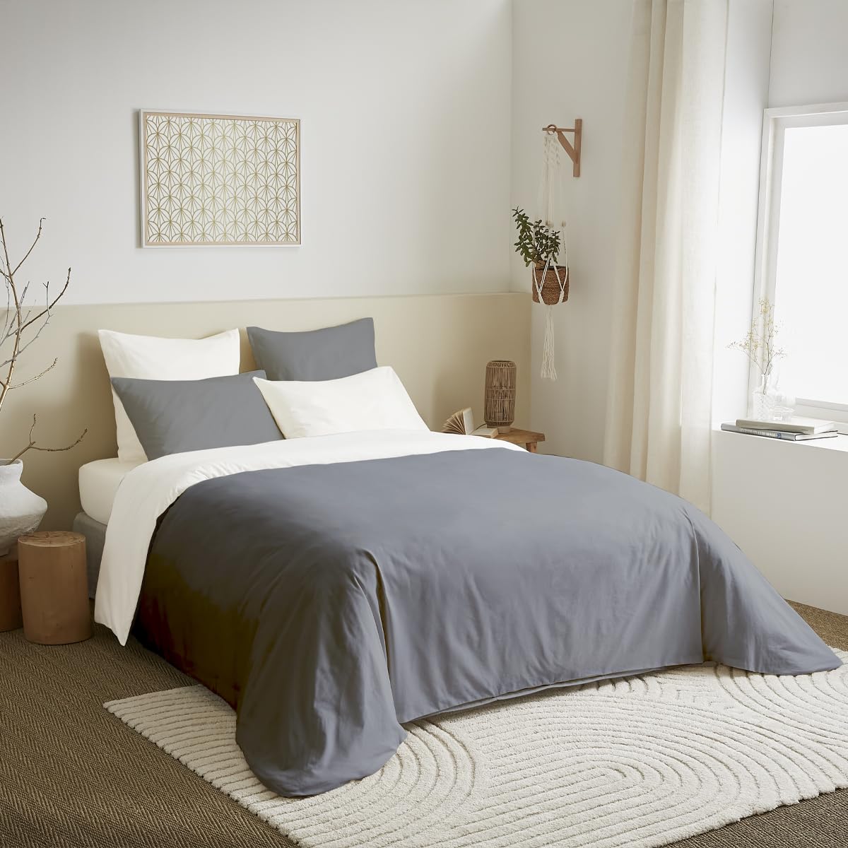 univers decor Pack Complet 6 pièces 240 x 220 cm Bicolore et réversible pour lit 2 Places 160 x 200 cm 100% Coton / 57 Fils/cm² (Anthracite/Blanc, Pack 6 pièces 240 x 220 lit 160 x 200 cm)
