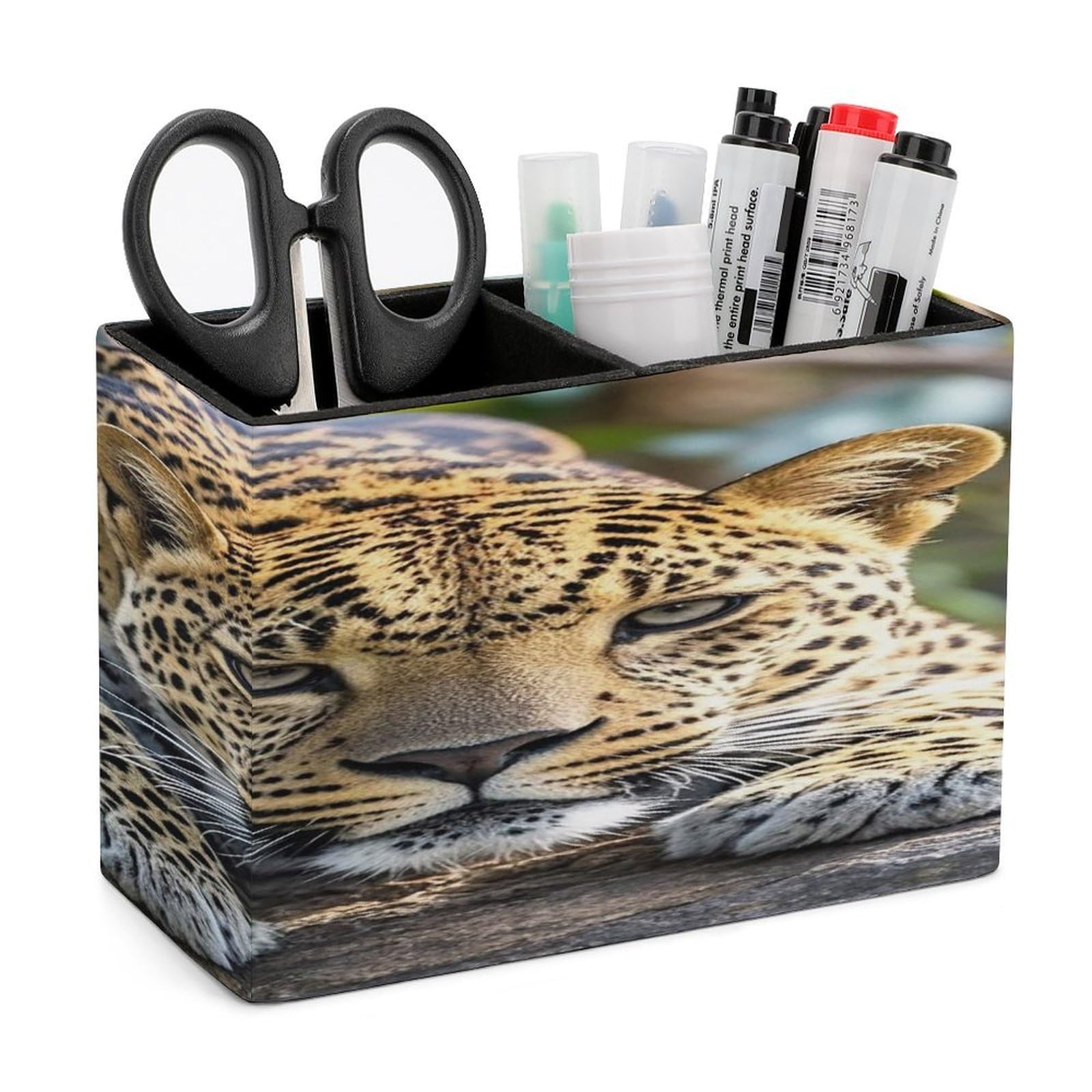 LZQPOEAS Leopard on The Stone Leather Pen Holder Square Pencil Holder Multi-Functional Desk Organizer Modern Pen Cup Pencil Cup Minimalist Desktop Stationery Organizer for Desk Office Home