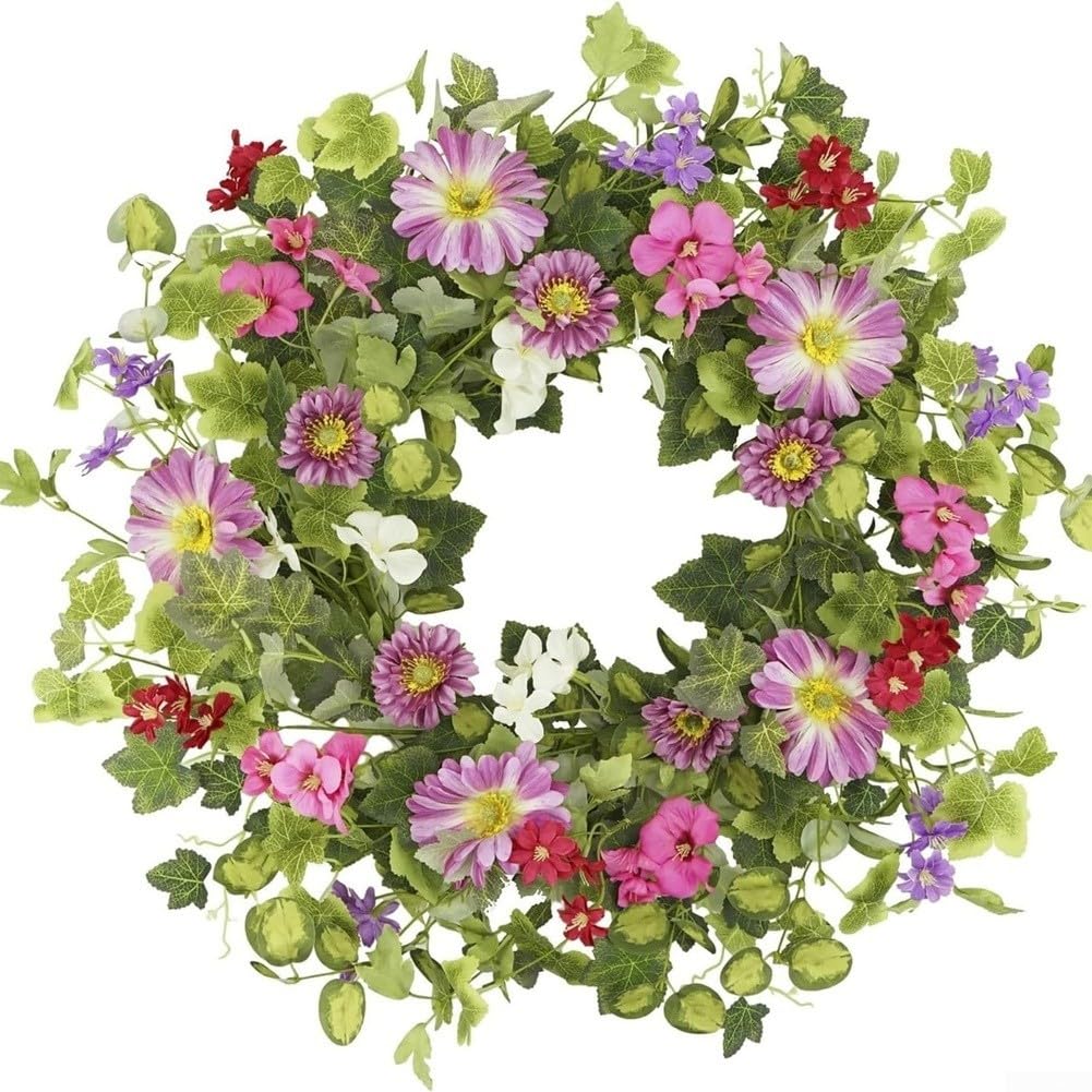 Decorazione da giardino a margherita, ghirlanda di eucalipto da 35 cm, foglie di eucalipto artificiali e viti, ornamento da appendere alla porta