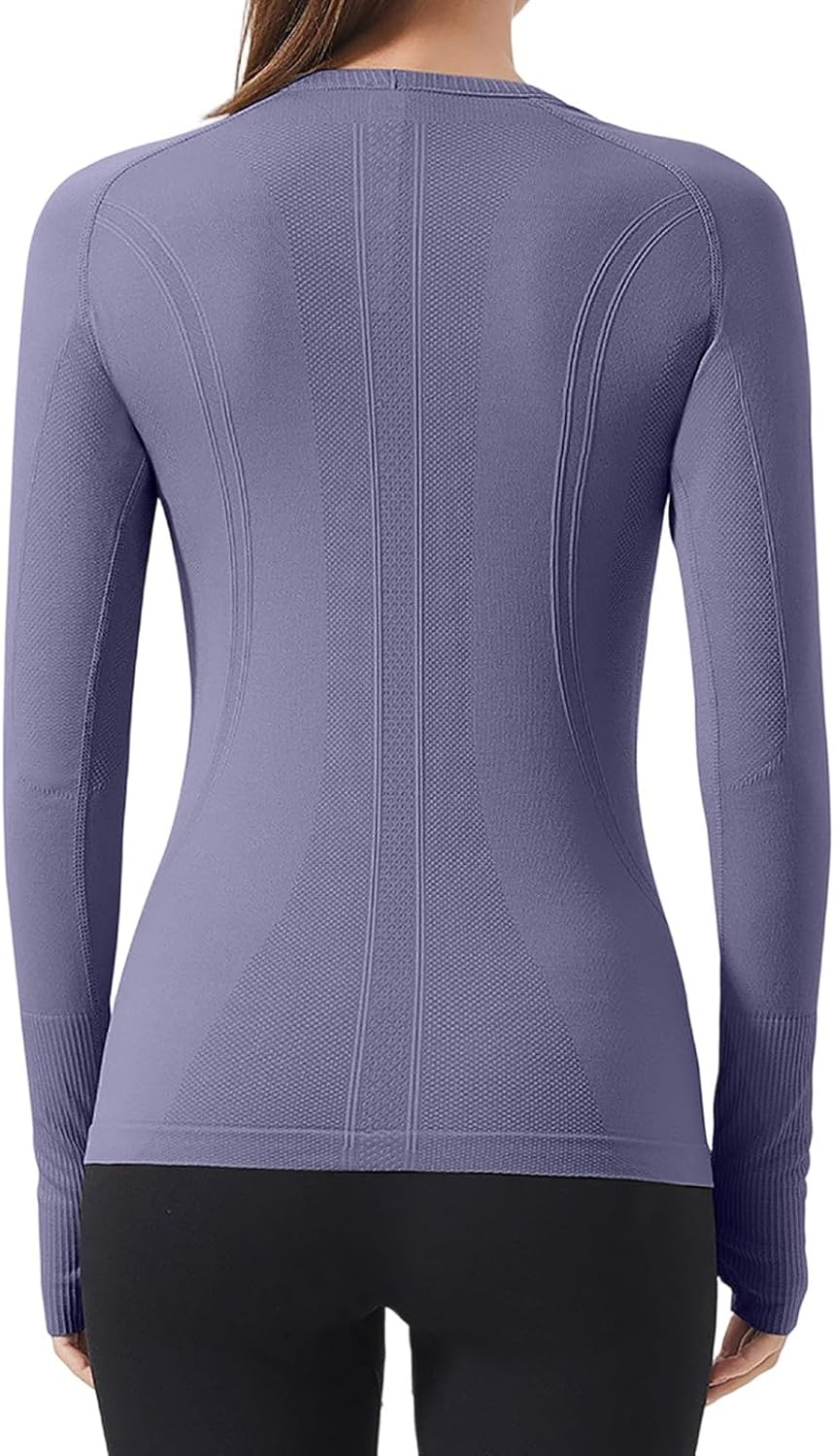 Women Yoga Tops Long Sleeve Workout Seamless Crewneck Slim Fit Stretch Shirts Gym Athletic Breathable Solid Clothes