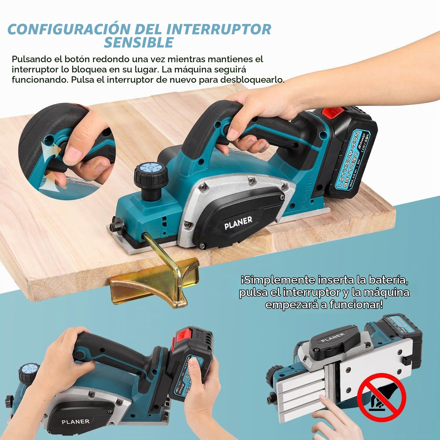 Cepillo de Madera Eléctrico Inalámbrico compatible con Makita 18V batería, 15000 rpm, Motor sin Escobillas, Profundidad Ajustable de 0-2 mm para Trabajos Carpintería DIY