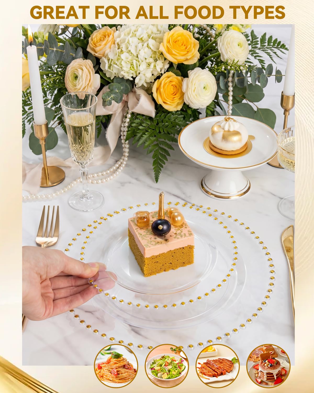 supernal Service de table doré transparent 180 pièces pour fête de mariage | Assiettes en plastique transparent avec bord perlé doré, assiettes jetables élégantes avec argenterie en plastique doré et