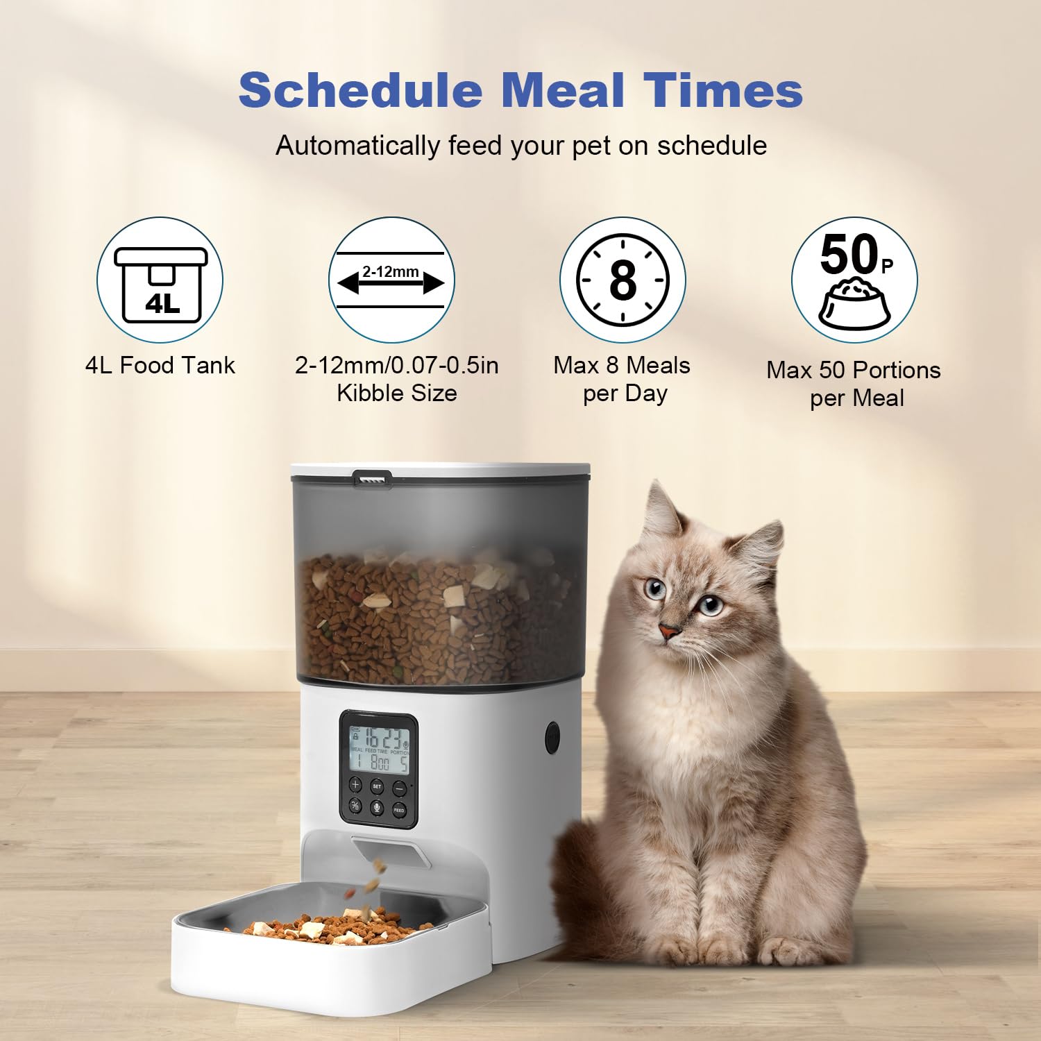 Comedero automático para gatos, dispensador de comida para gatos de 4 litros con temporizador, grabadora de voz interactiva, alimentador automático para gatos con bolsa desecante, 1-8 comidas de