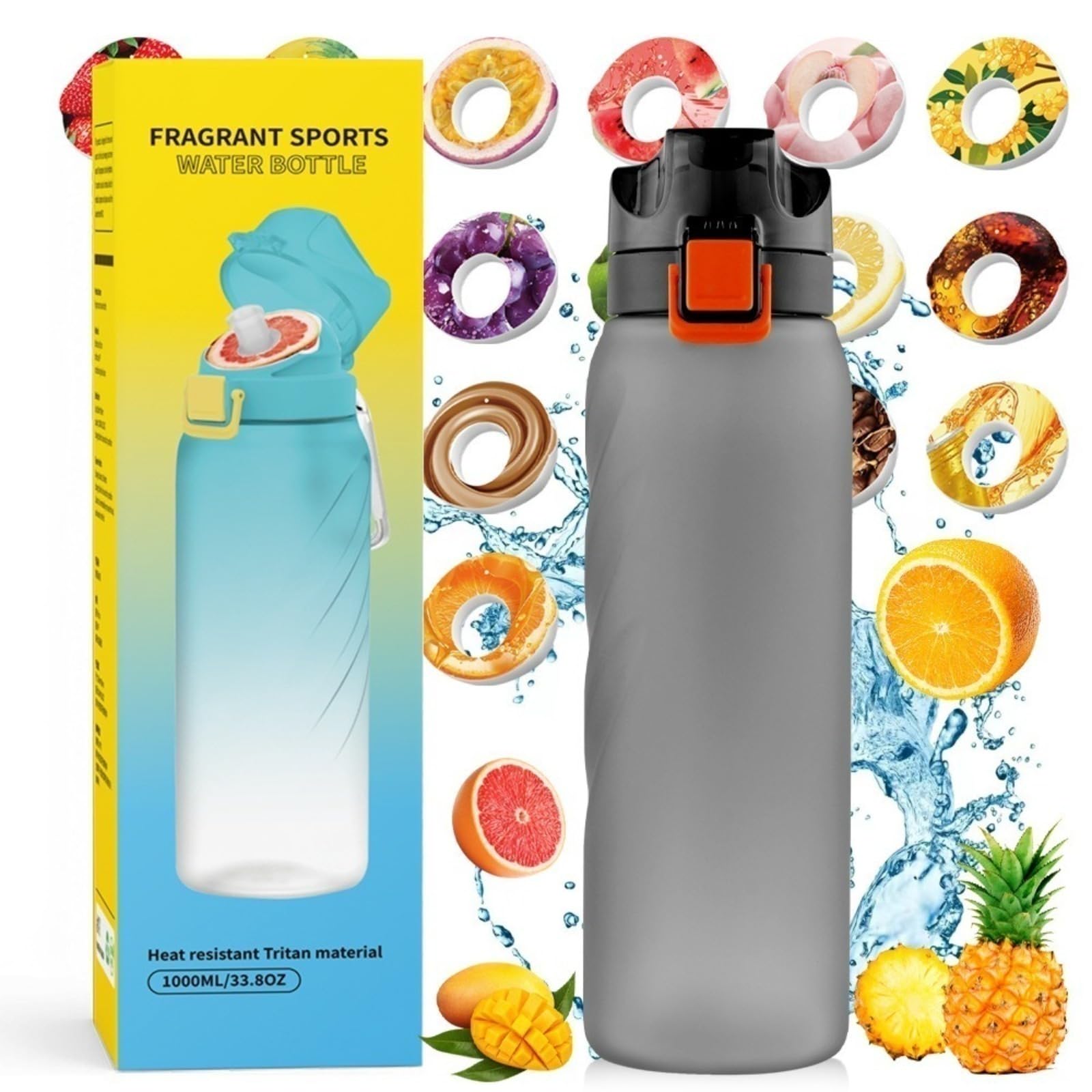 Bouteille d'eau parfumée en forme d'anneau de 1000 ml avec sachet d'arômes, bouteille d'eau de sport sans sucre et sans calories, étanche, adaptée à