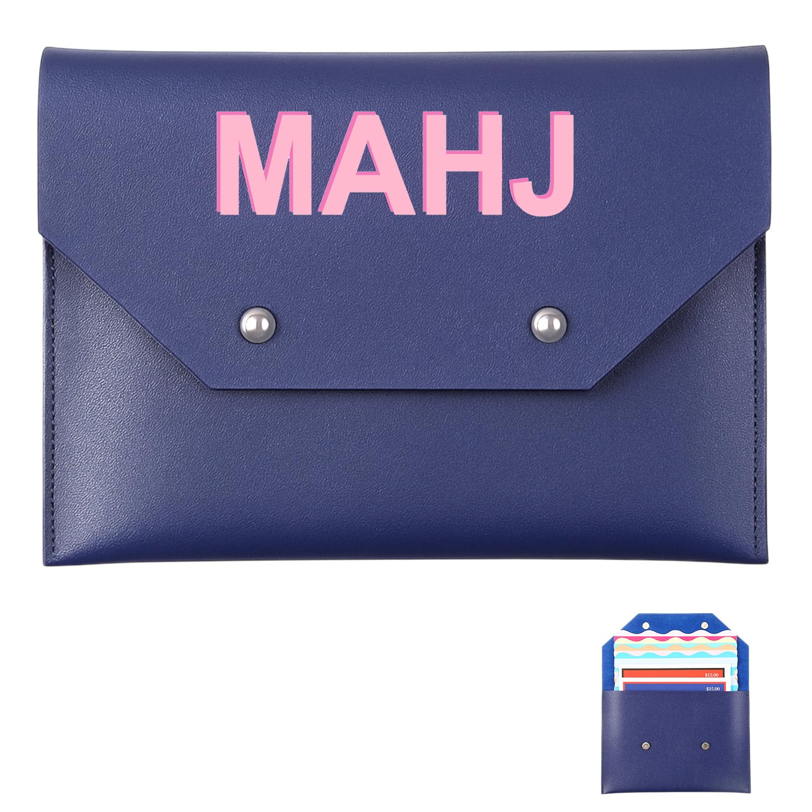 Leather Mahjong Card Holder Gift, Navy Blue, 9.5x6.8 Inch, Solid Color