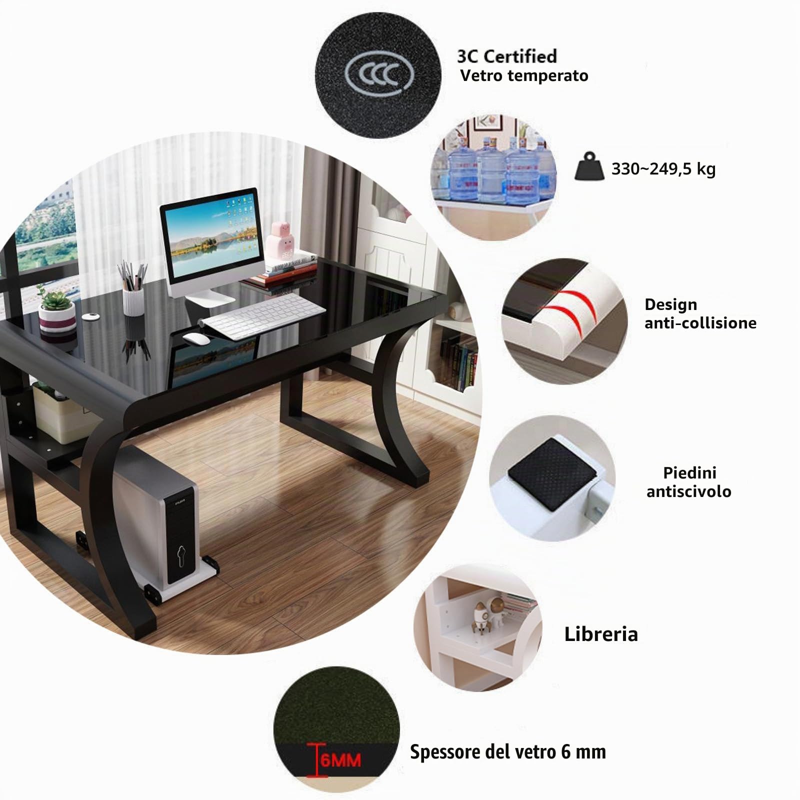 Scrivania per Computer in Vetro temperato con Ripiani portaoggetti - Scrivania da Gioco Semplice e Moderna Rosa per Ufficio Domestico - Ampia postazione di Lavoro (100x60x75 cm)
