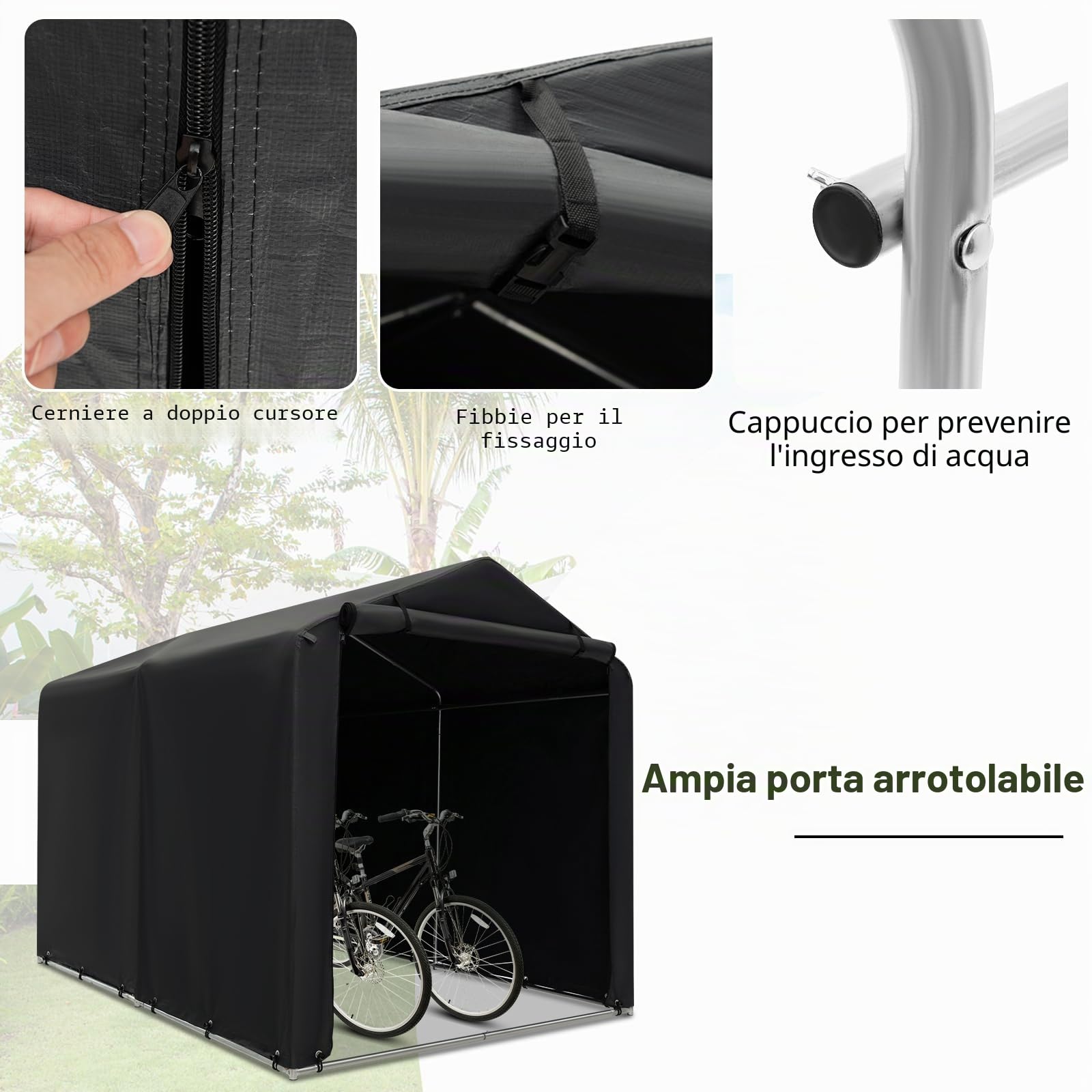 SOARS Capanno da Giardino 218 X 160 X 164 CM, Tenda Garage per Bici Moto Attrezzi, con Copertura en PE Impermeabile, Porta con Cerniera, Telaio in Metallo, Picchetti, per Esterno (Grigio Scuro)