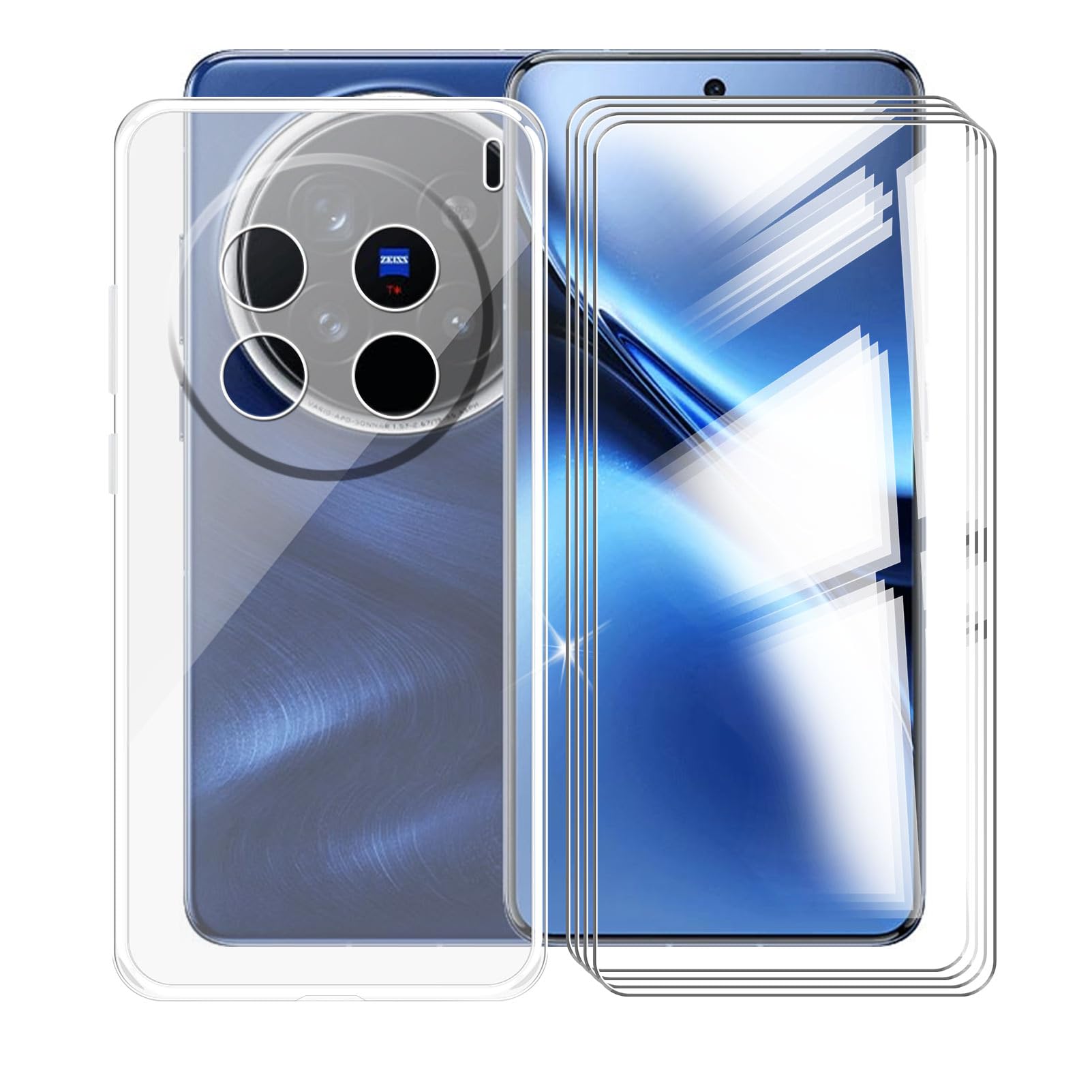 Case + 4 Screen Protectors for Vivo X200 Pro (6.78 Inches) Cover Transparent Soft Silicone TPU Mobile Phone Case Protective Bumper - Tempered Film - Clear